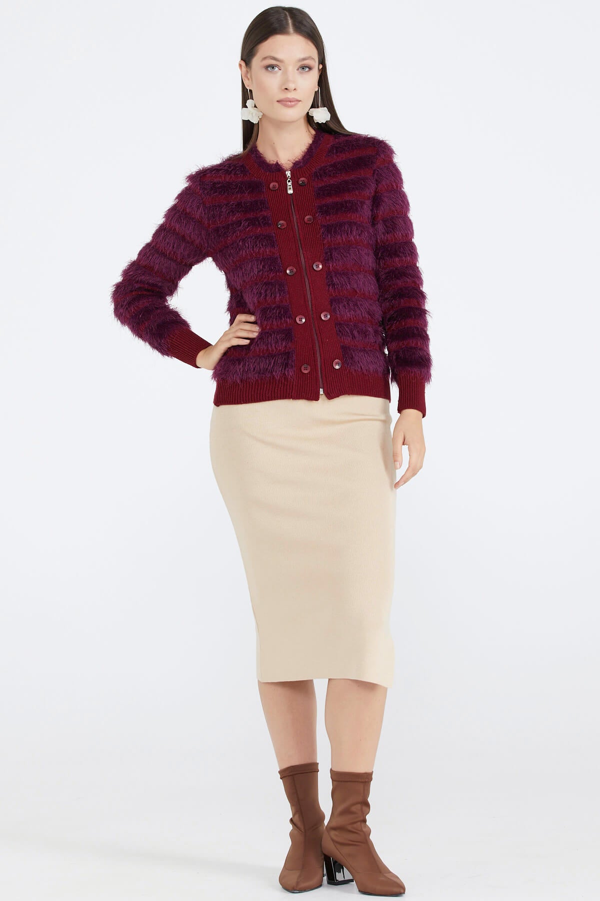 Kadın Triko Ceket - Bordo (3) Sementa