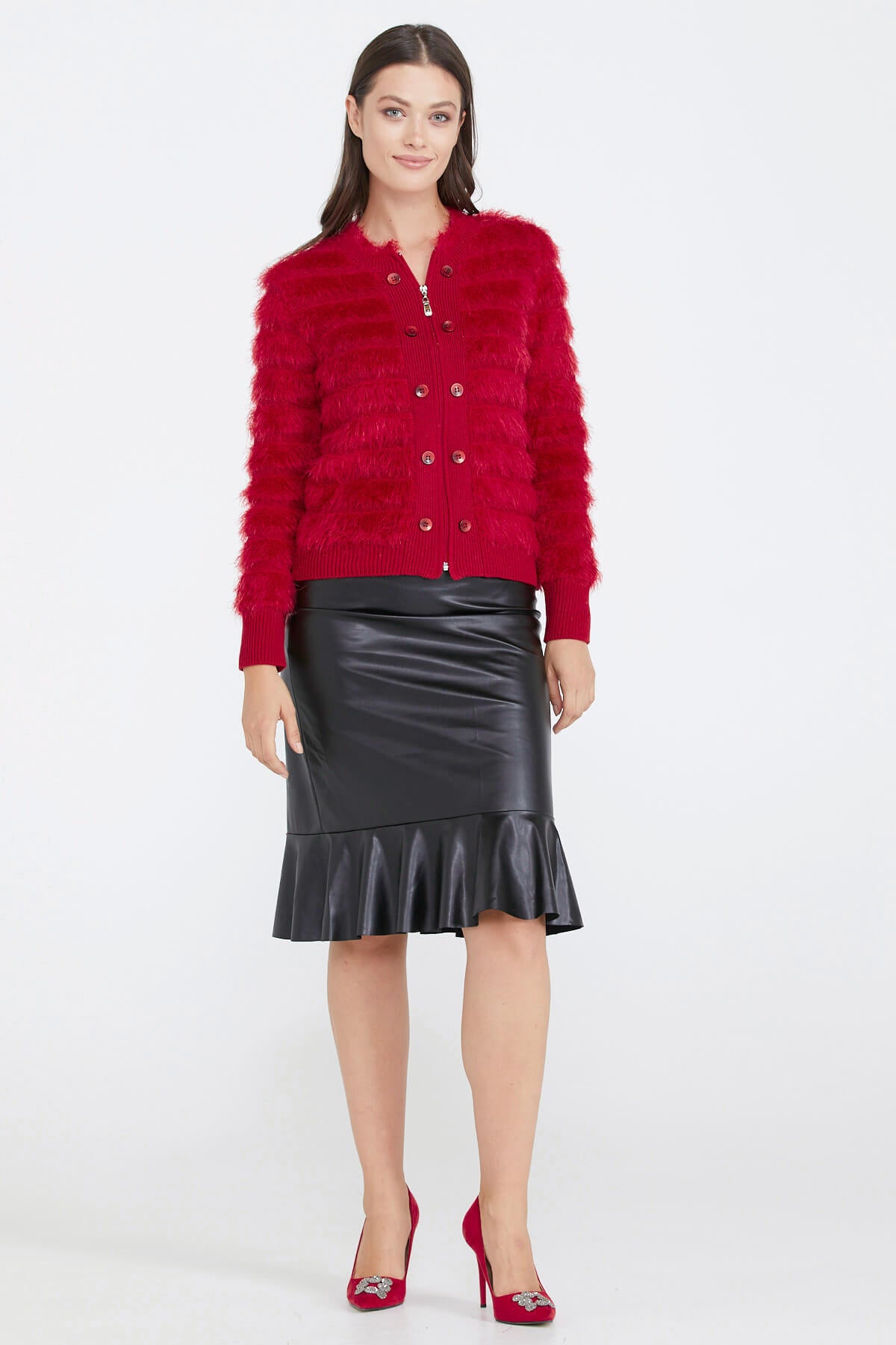 Kadın Triko Ceket - Kırmızı (2) Sementa