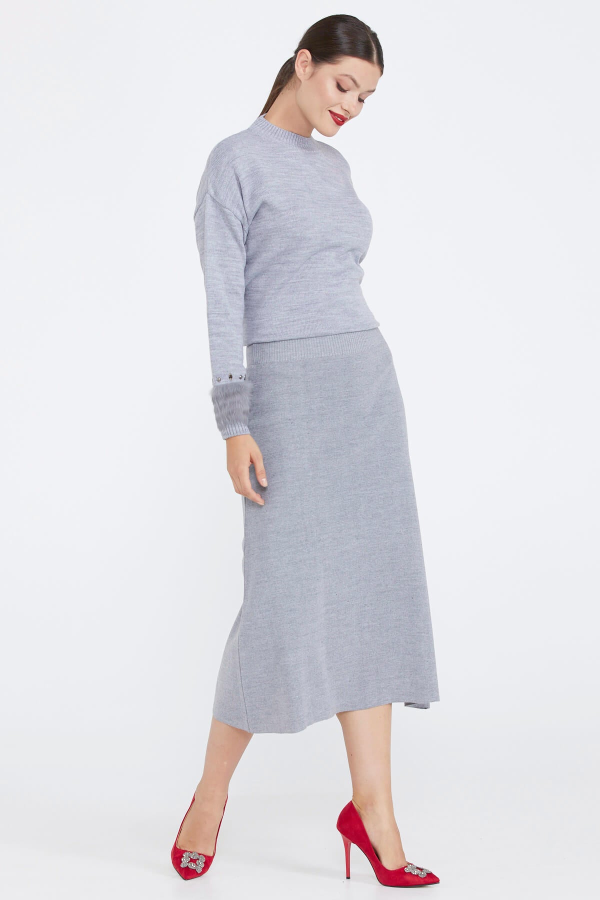 Kadın Triko Etek - Gri (1) Sementa