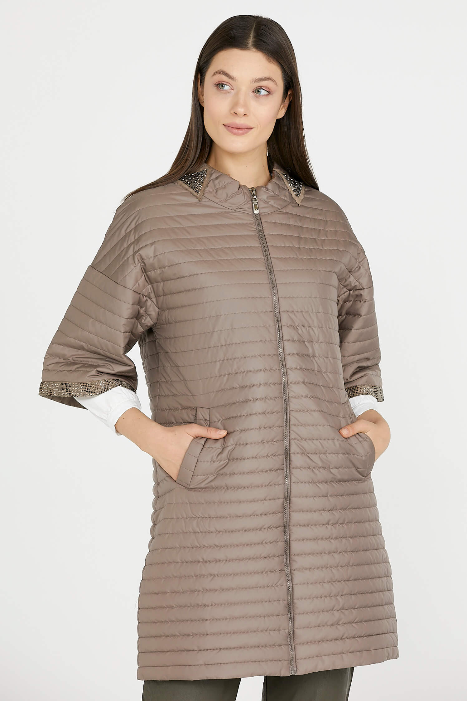 Kadın Truvakar Kol Fermuarlı Uzun Mont - Bej (1) Sementa