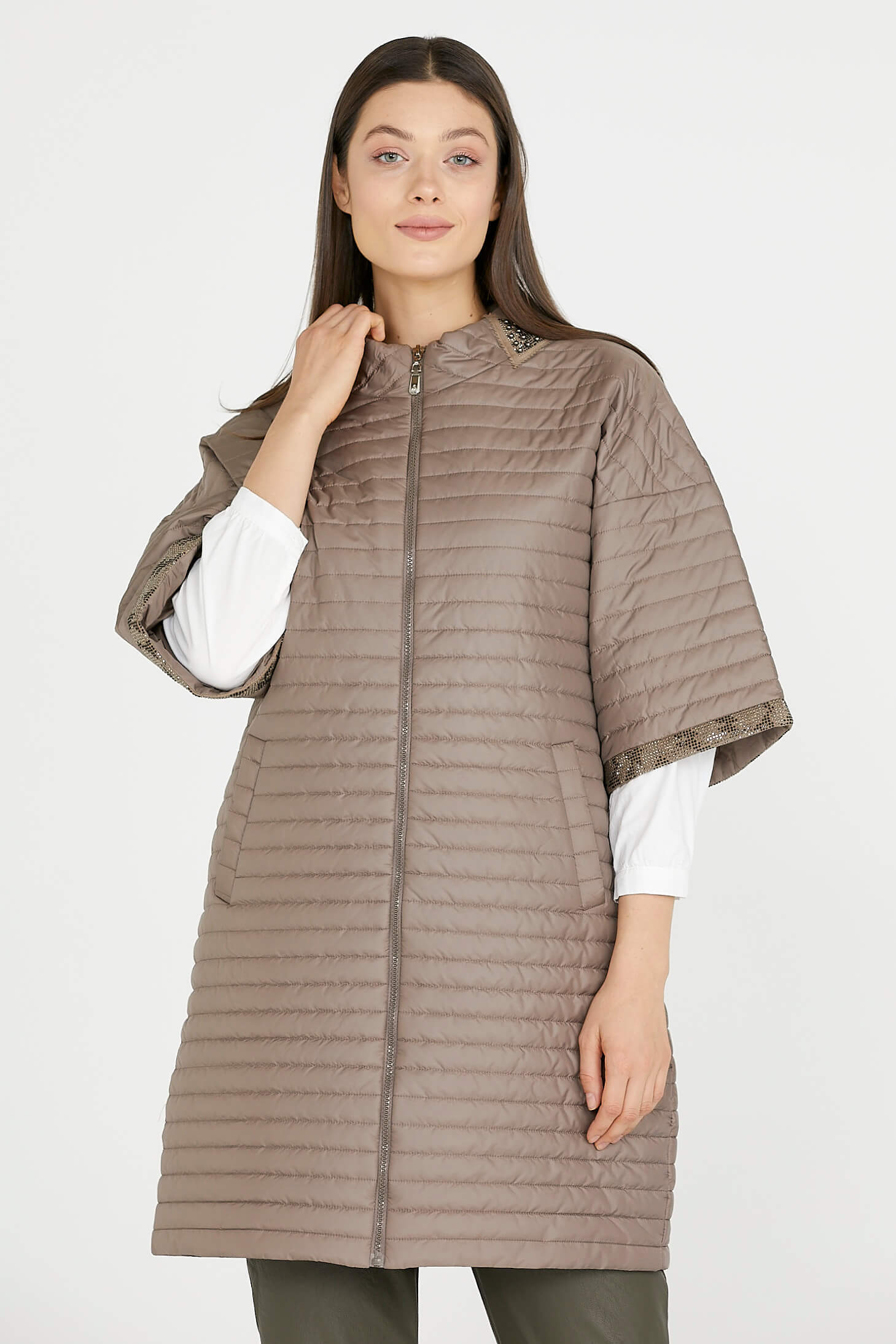 Kadın Truvakar Kol Fermuarlı Uzun Mont - Bej (2) Sementa