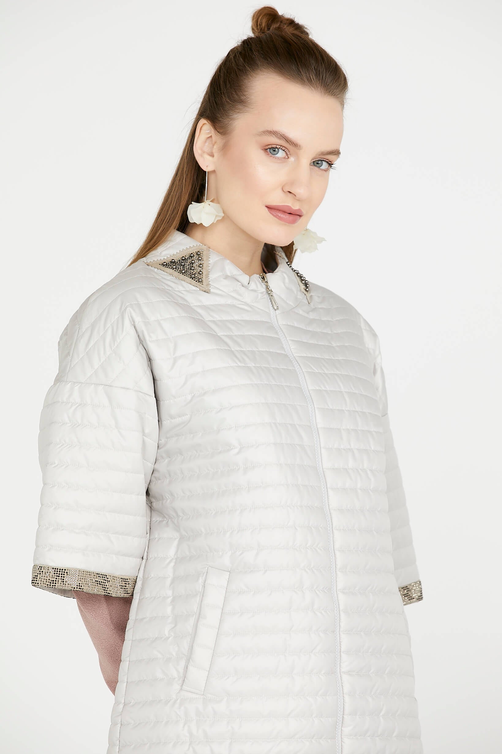 Kadın Truvakar Kol Fermuarlı Uzun Mont - Kemik (2) Sementa