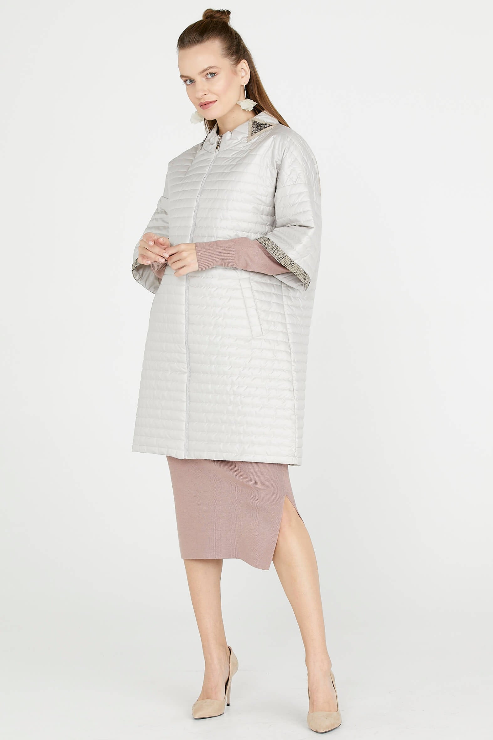 Kadın Truvakar Kol Fermuarlı Uzun Mont - Kemik (3) Sementa