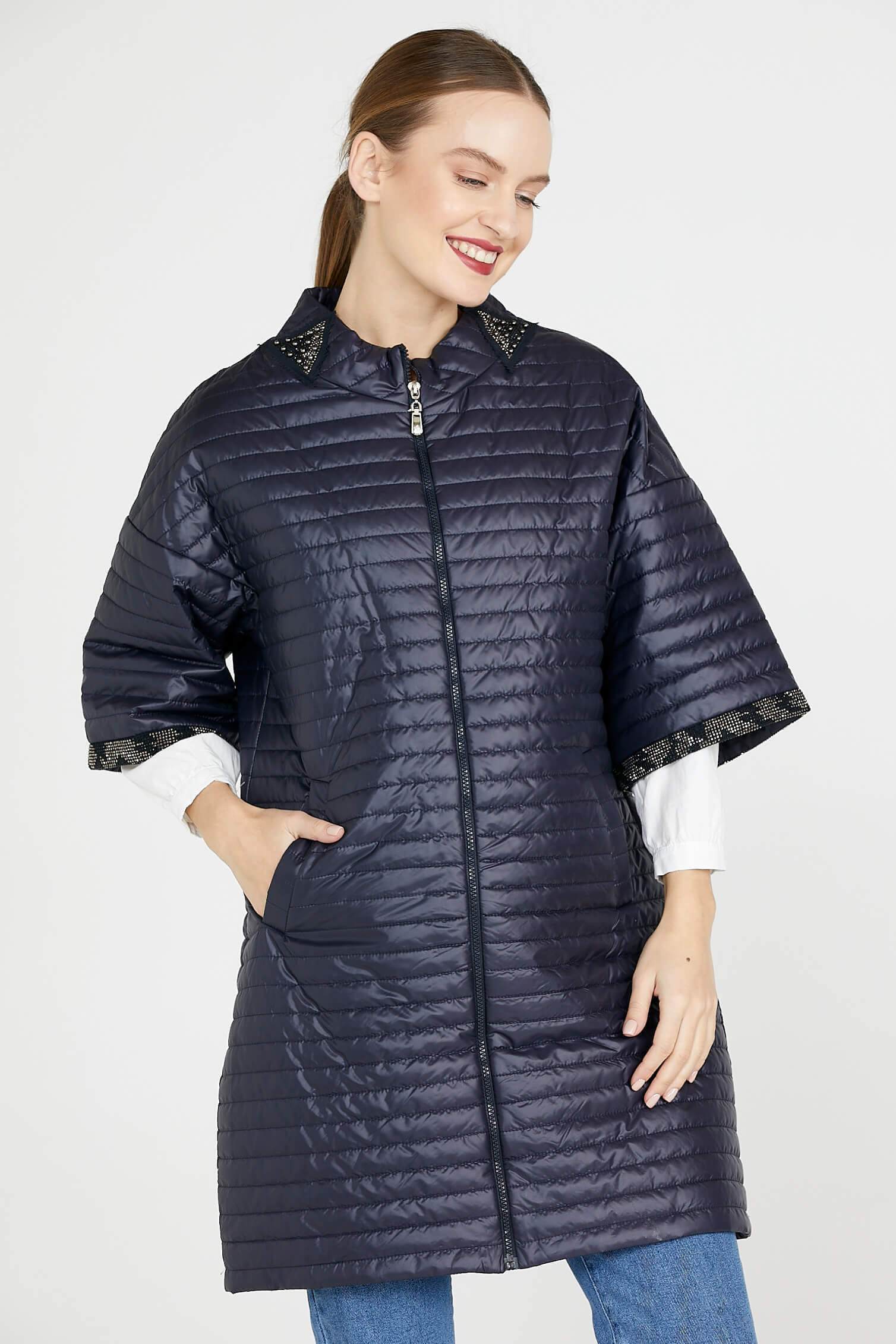 Kadın Truvakar Kol Fermuarlı Uzun Mont - Lacivert (1) Sementa