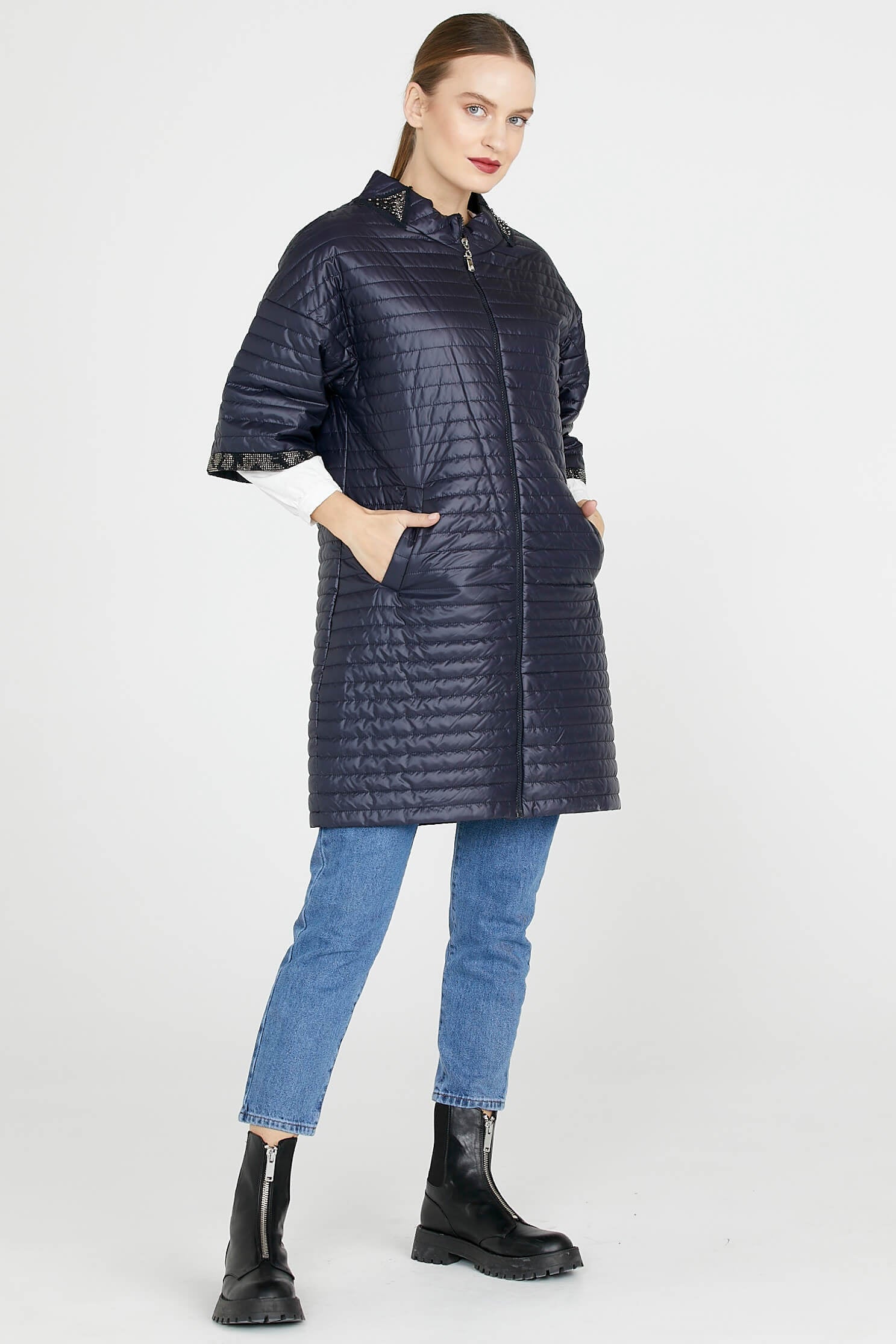 Kadın Truvakar Kol Fermuarlı Uzun Mont - Lacivert (2) Sementa