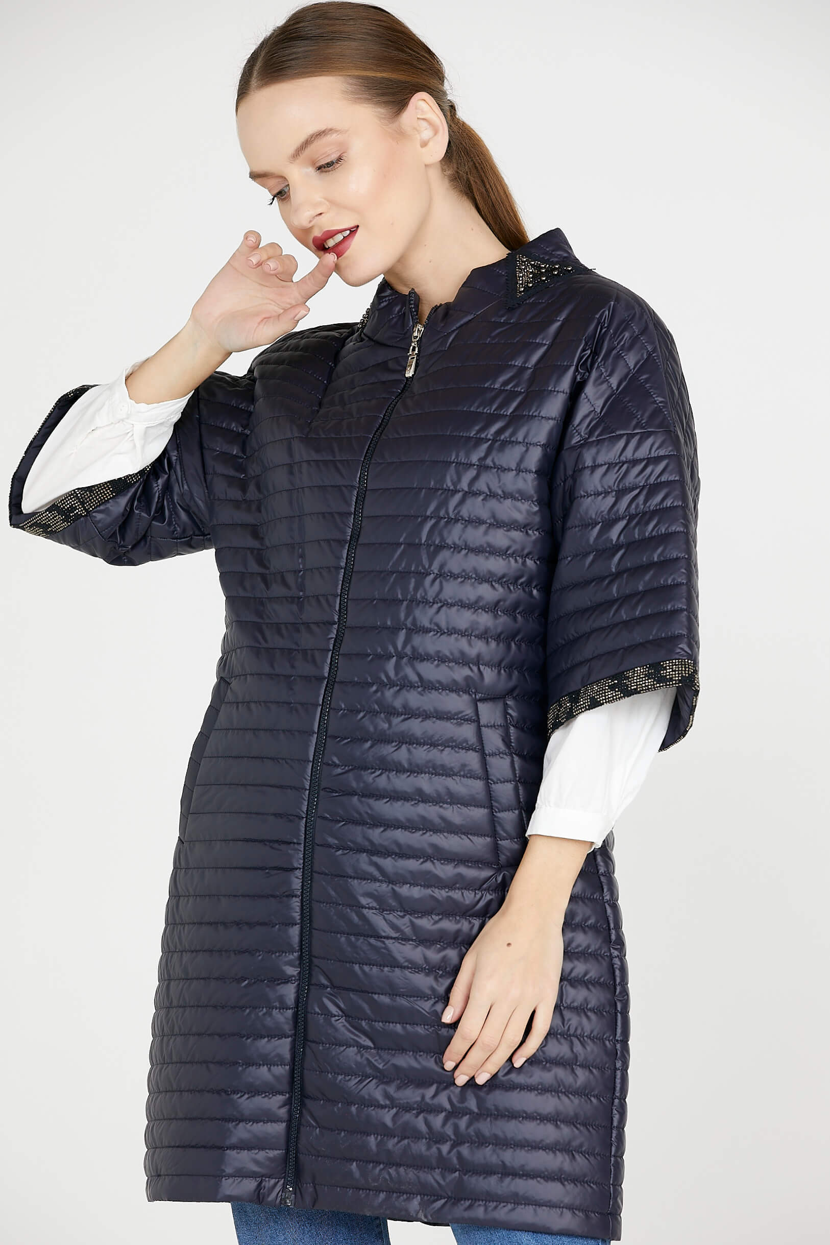 Kadın Truvakar Kol Fermuarlı Uzun Mont - Lacivert (3) Sementa