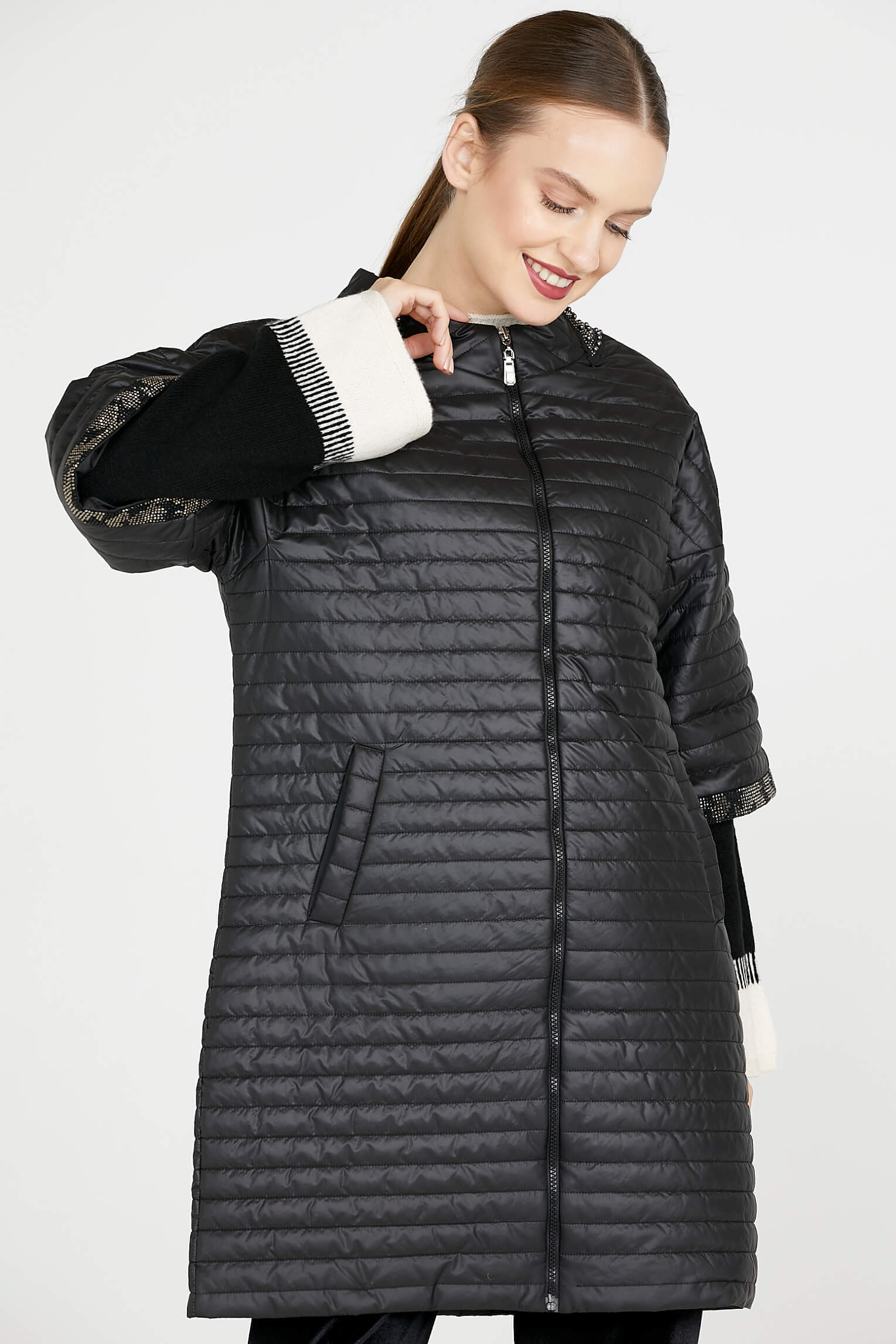 Kadın Truvakar Kol Fermuarlı Uzun Mont - Siyah (1) Sementa