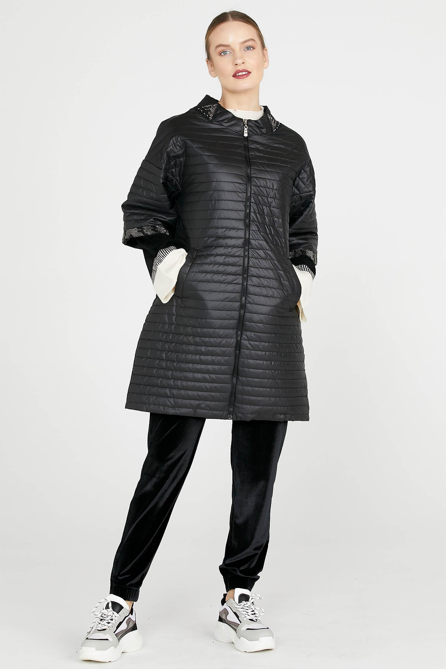 Kadın Truvakar Kol Fermuarlı Uzun Mont - Siyah (2) Sementa