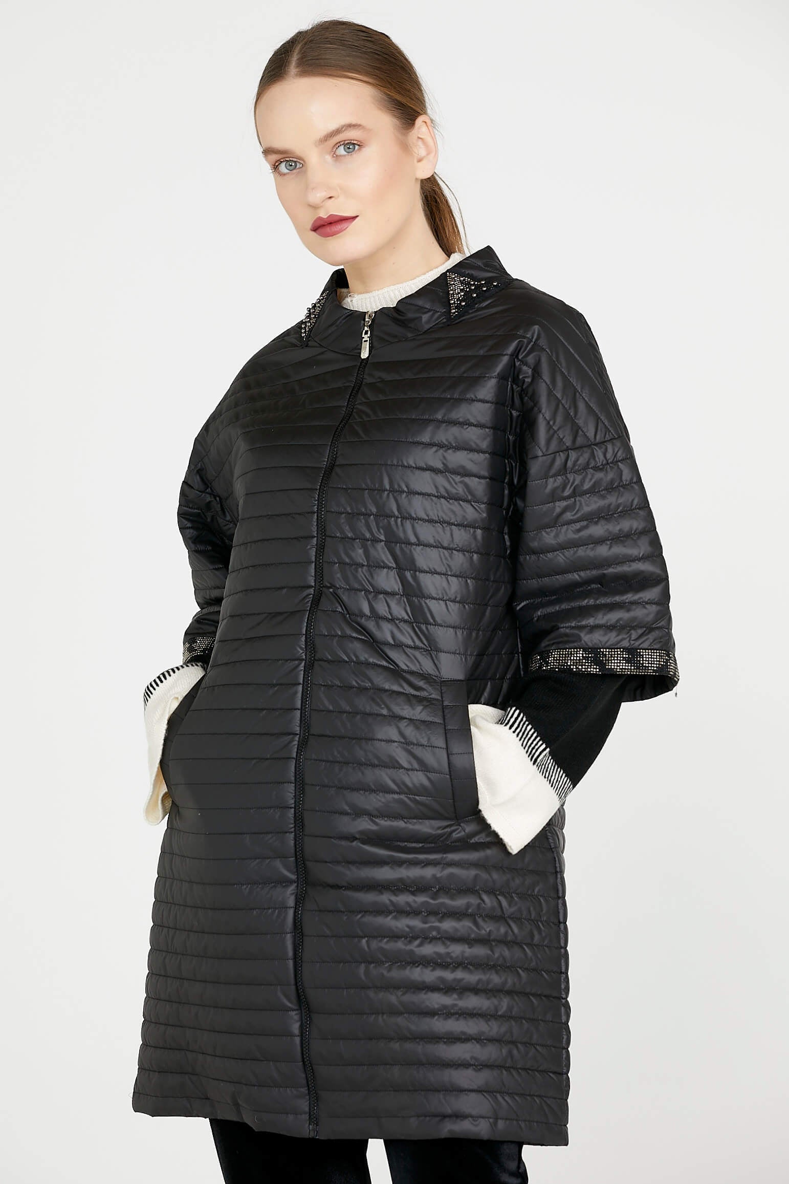 Kadın Truvakar Kol Fermuarlı Uzun Mont - Siyah (3) Sementa