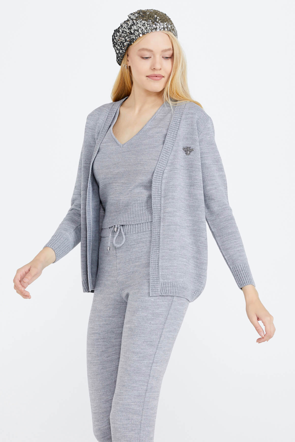 Kadın Üçlü Triko Takım - Gri (2) Sementa