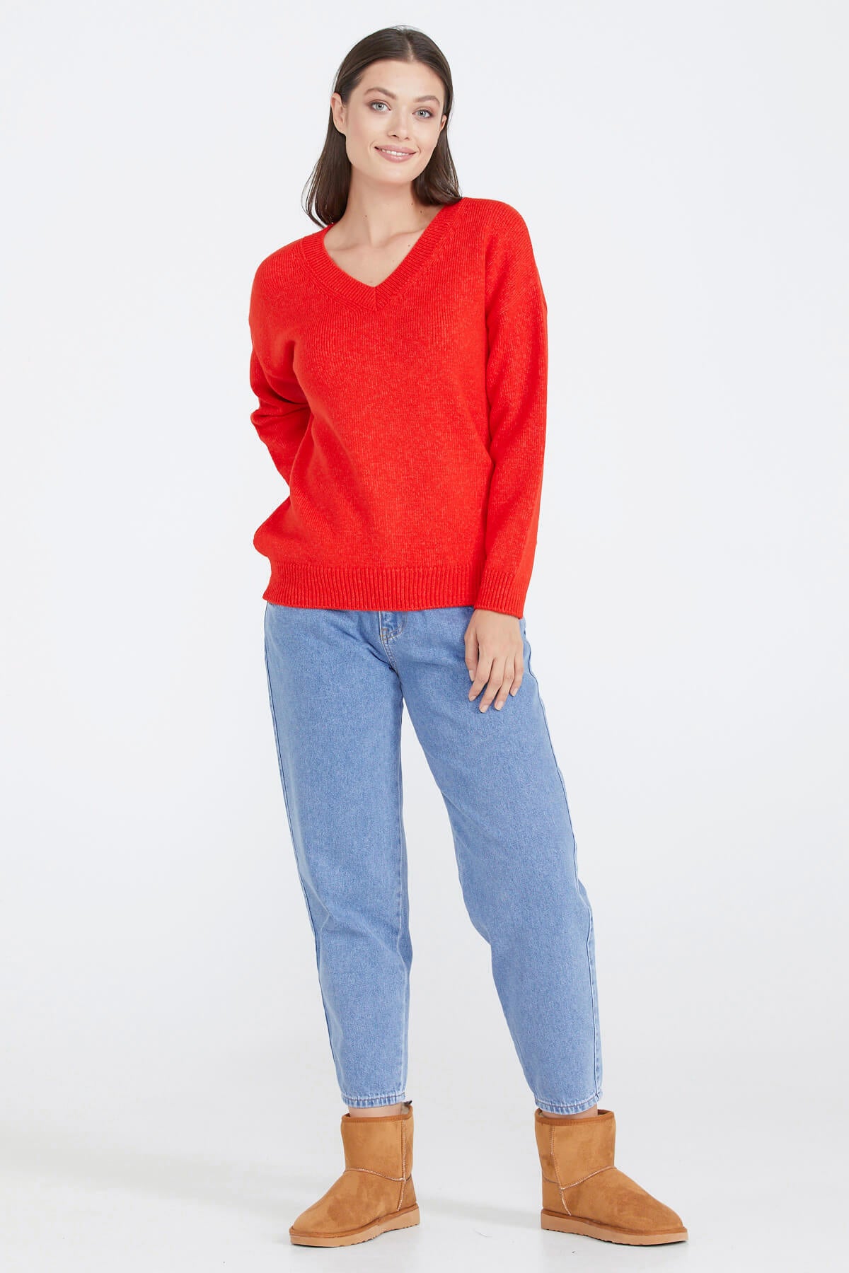 Kadın V Yaka Triko Kazak - Kırmızı (1) Sementa