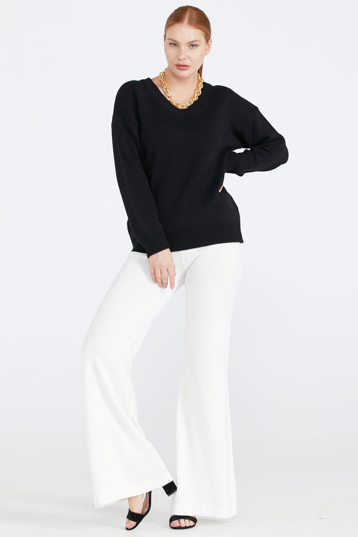 Kadın V Yaka Triko Kazak - Siyah (1) Sementa