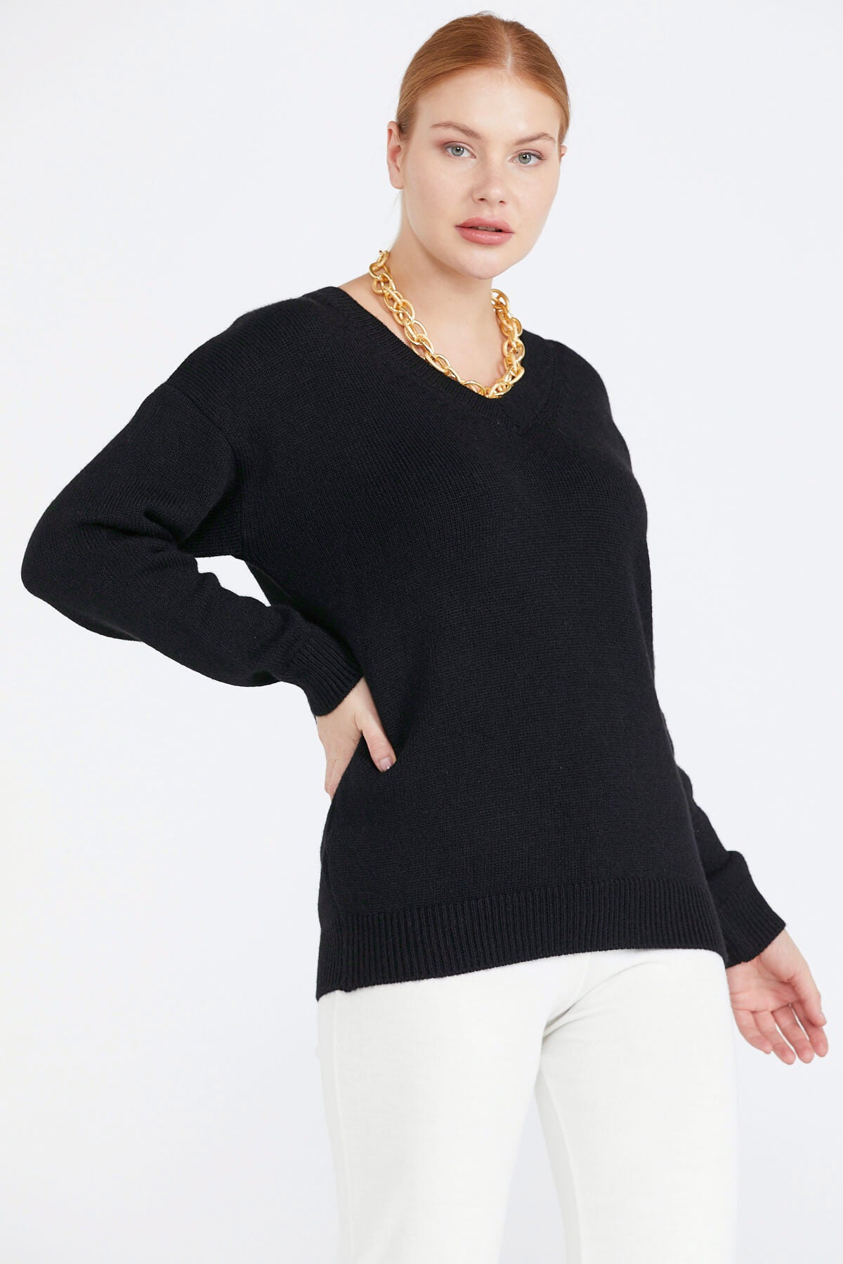 Kadın V Yaka Triko Kazak - Siyah (2) Sementa