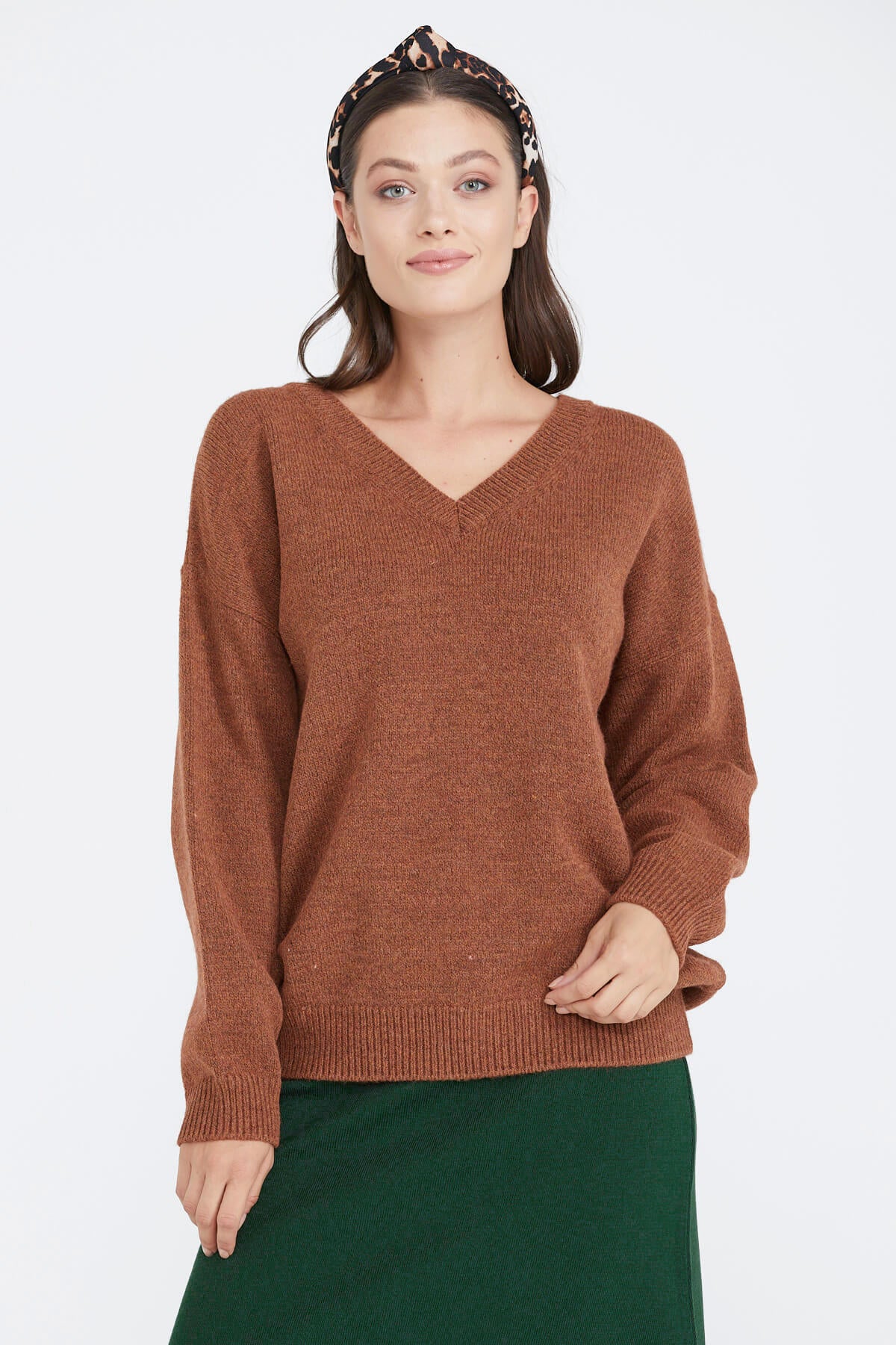 Kadın V Yaka Triko Kazak - Taba (1) Sementa