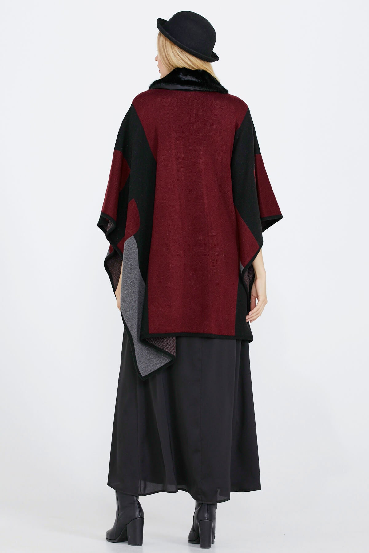 Kadın Yakası Kürklü Triko Panço - Siyah (4) Sementa