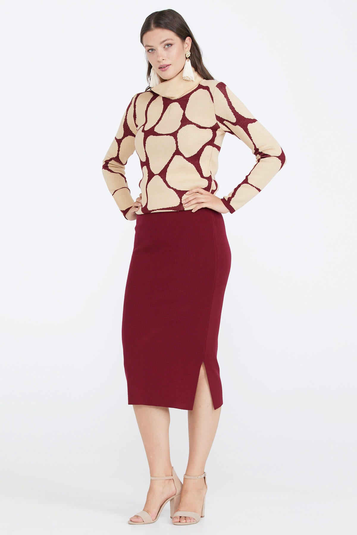 Kadın Yırtmaçlı Triko Etek - Bordo (1) Sementa