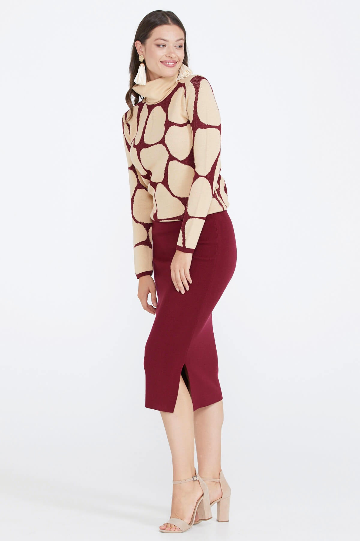 Kadın Yırtmaçlı Triko Etek - Bordo (2) Sementa