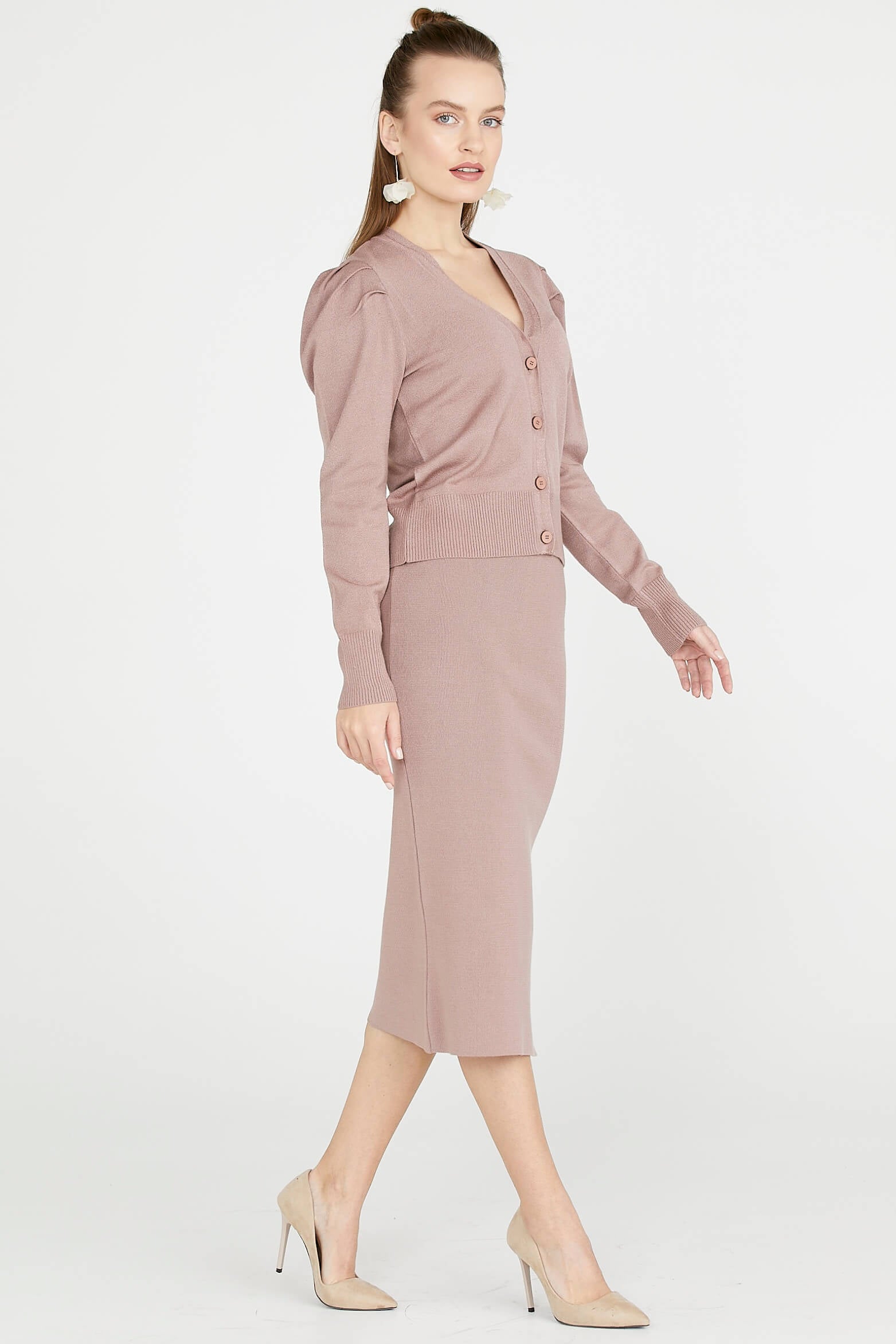 Kadın Yırtmaçlı Triko Etek - Pudra (2) Sementa