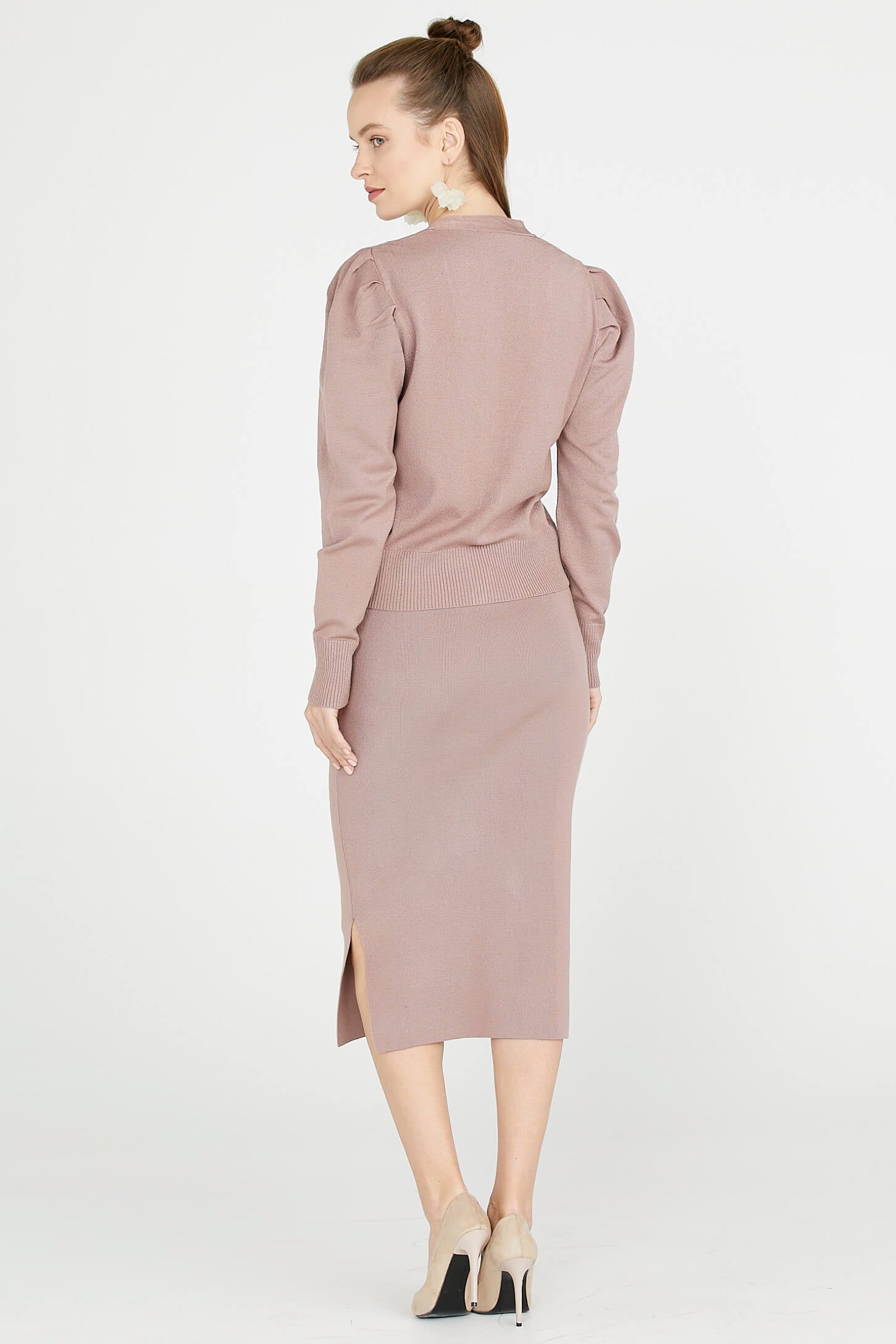 Kadın Yırtmaçlı Triko Etek - Pudra (3) Sementa