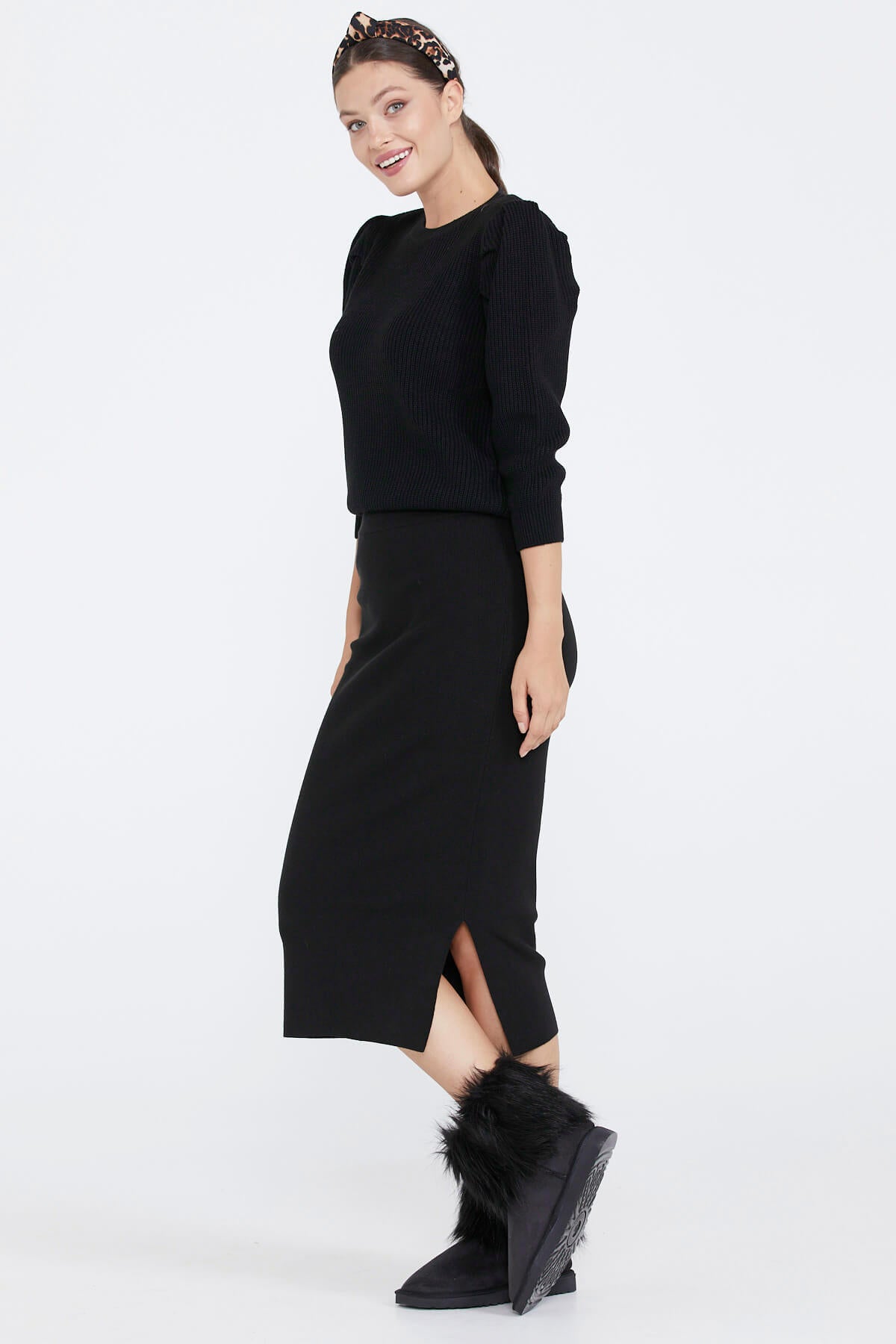 Kadın Yırtmaçlı Triko Etek - Siyah (1) Sementa