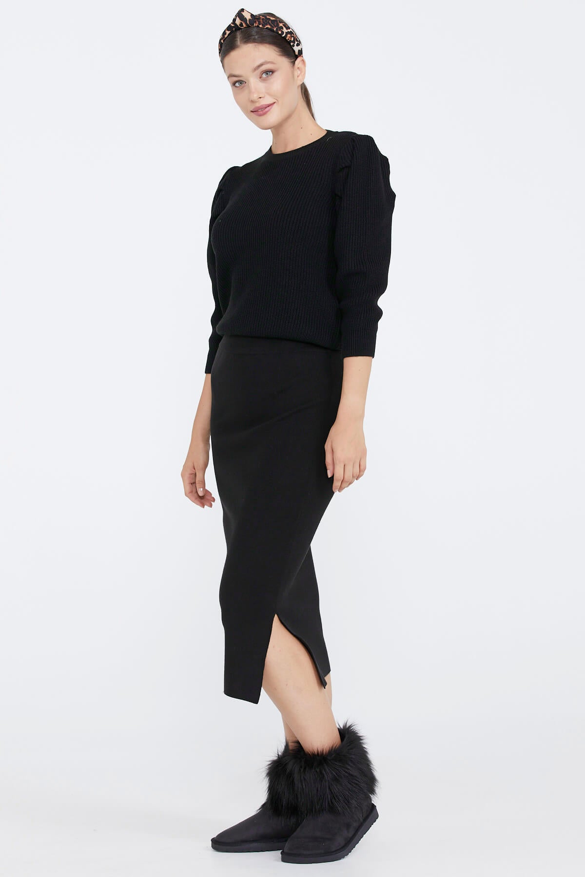 Kadın Yırtmaçlı Triko Etek - Siyah (2) Sementa