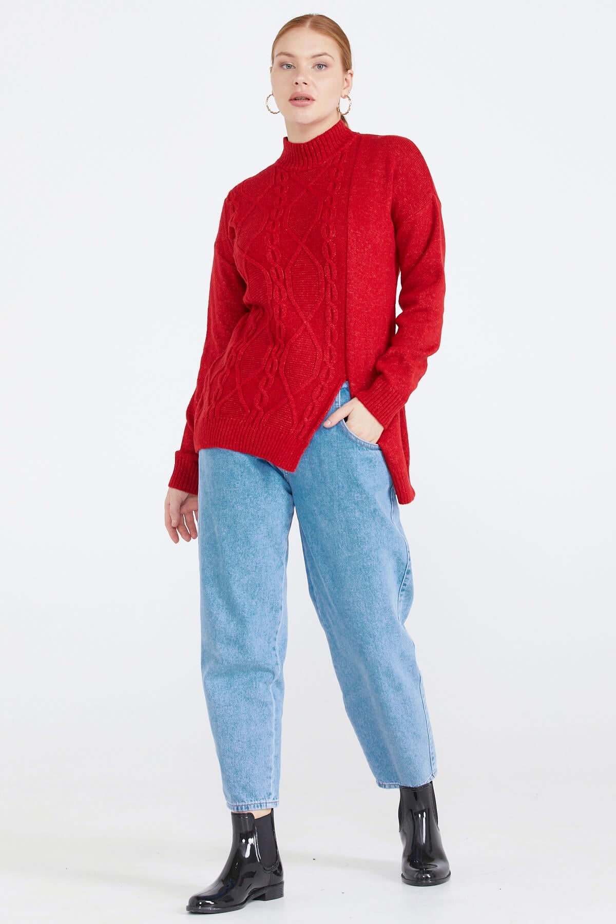 Kadın Yırtmaçlı Triko Kazak - Kırmızı (1) Sementa