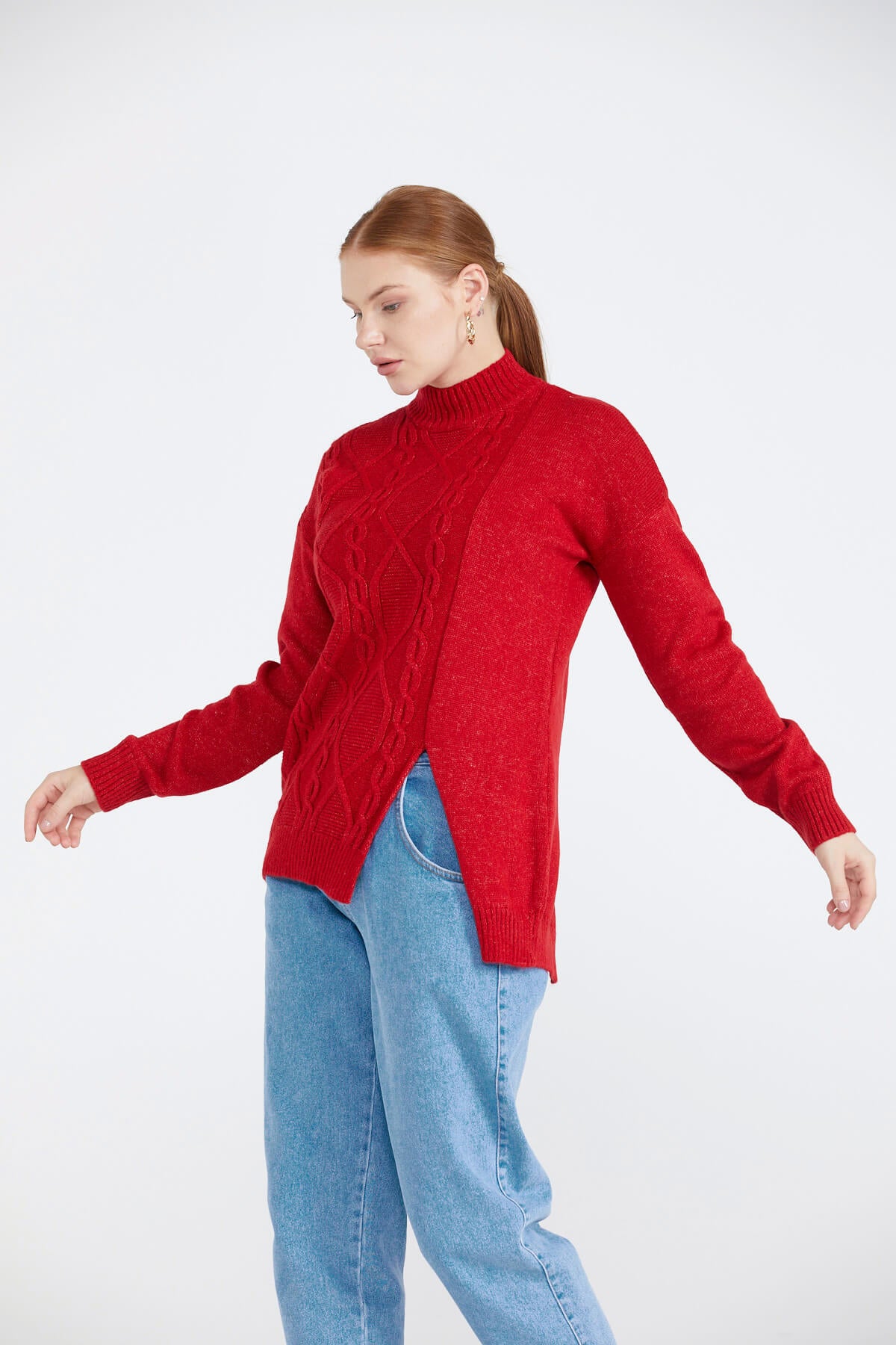 Kadın Yırtmaçlı Triko Kazak - Kırmızı (2) Sementa