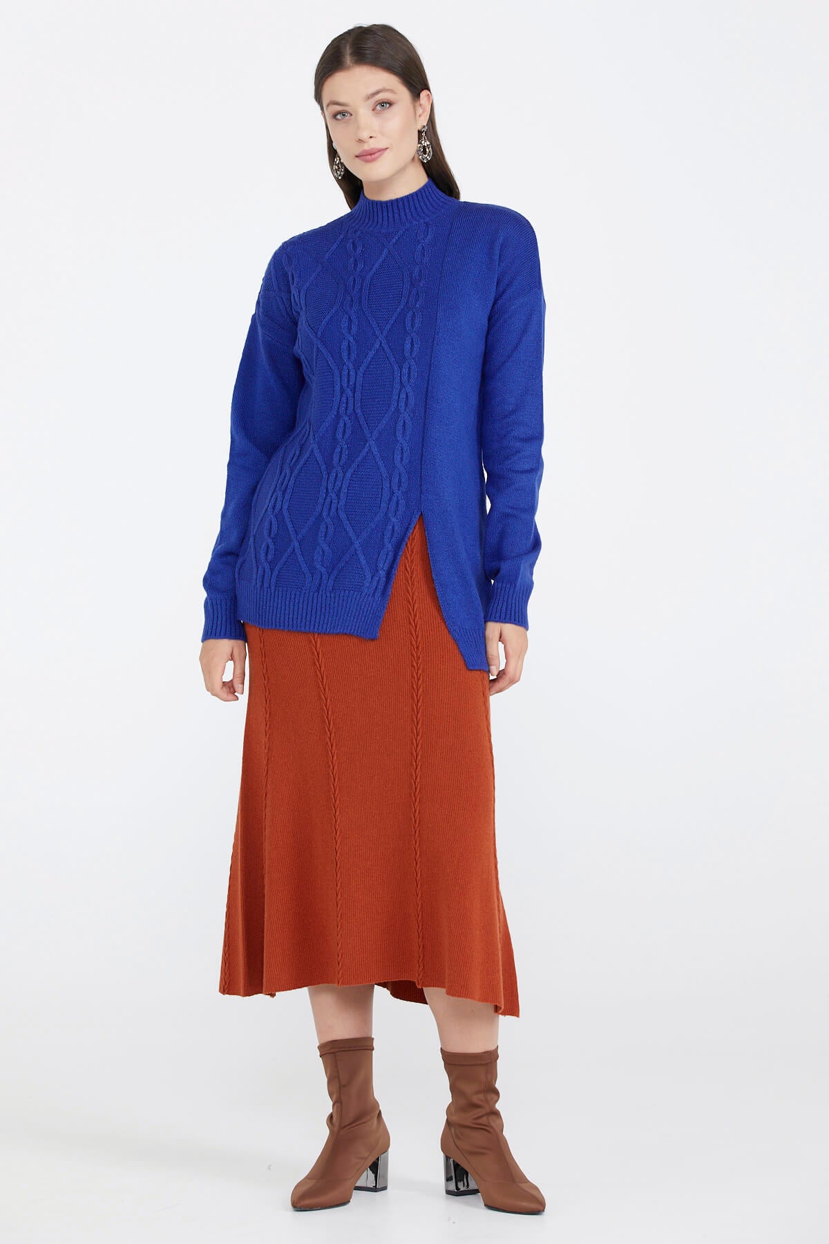 Kadın Yırtmaçlı Triko Kazak - Saks (1) Sementa