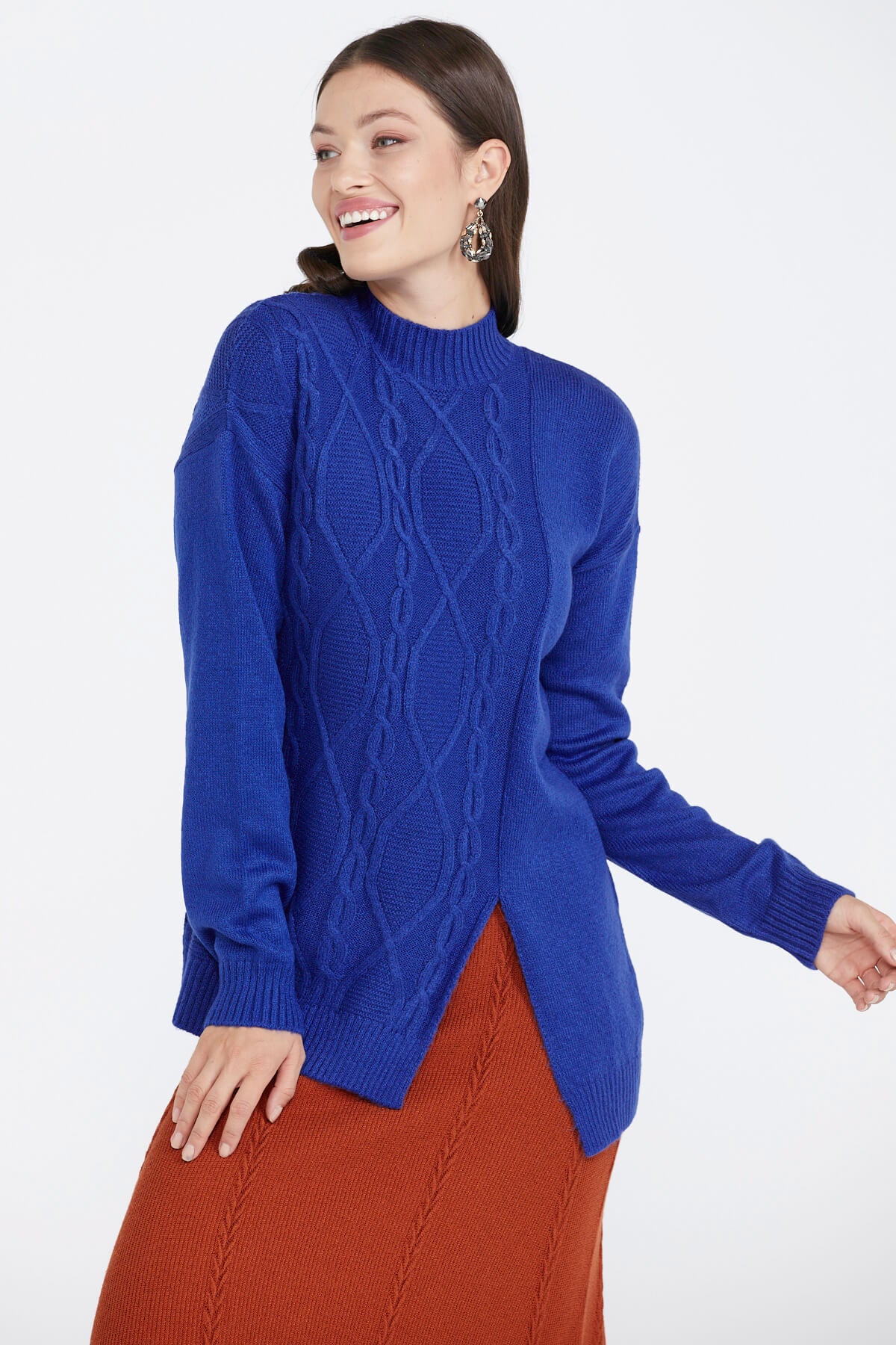 Kadın Yırtmaçlı Triko Kazak - Saks (2) Sementa