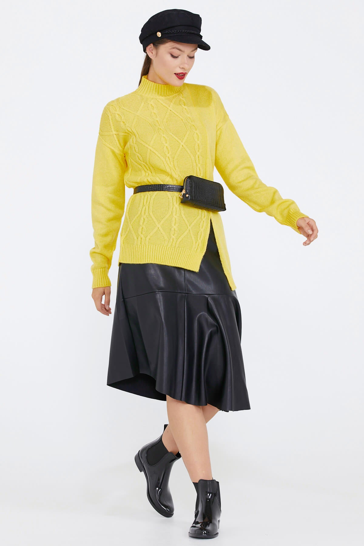 Kadın Yırtmaçlı Triko Kazak - Sarı (1) Sementa