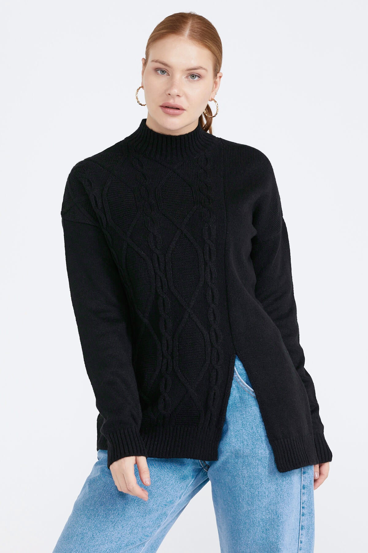 Kadın Yırtmaçlı Triko Kazak - Siyah (1) Sementa