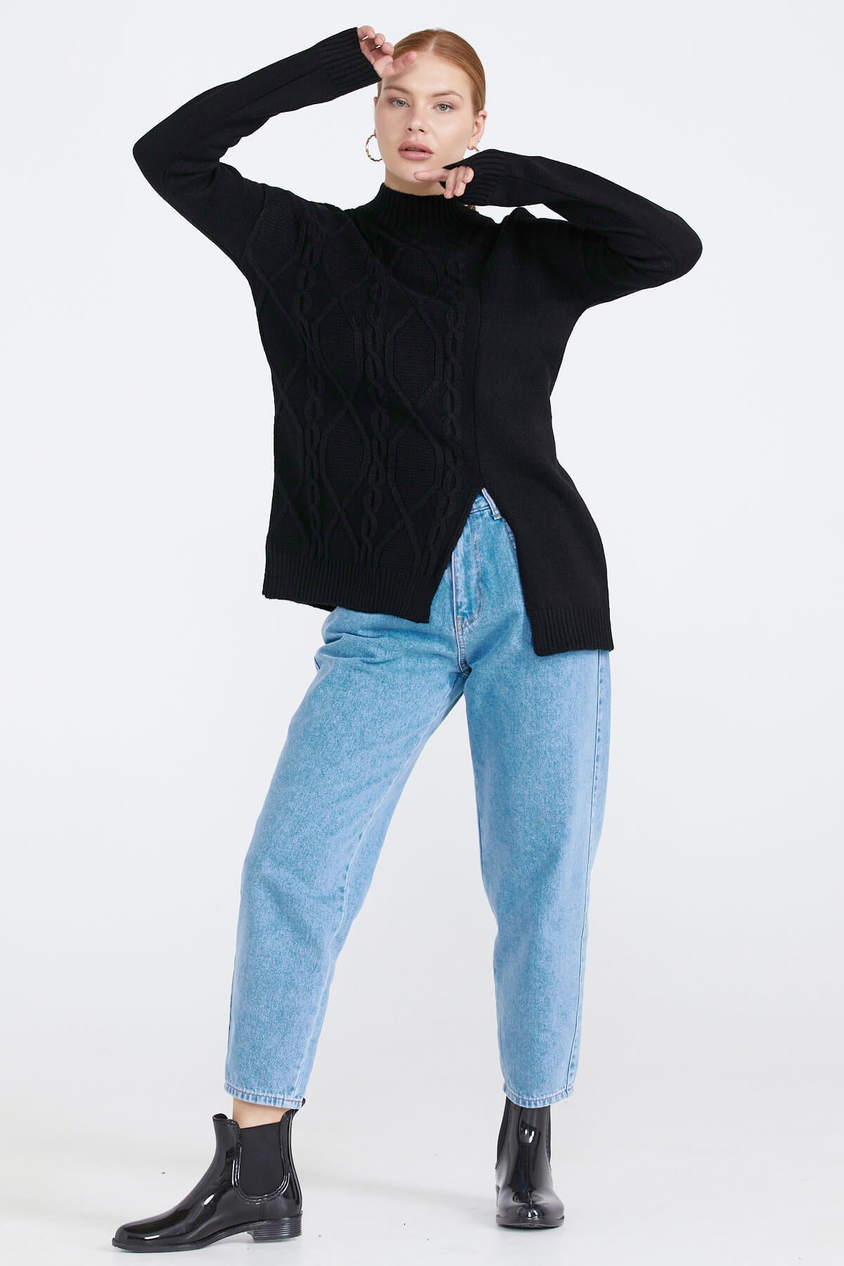 Kadın Yırtmaçlı Triko Kazak - Siyah (2) Sementa