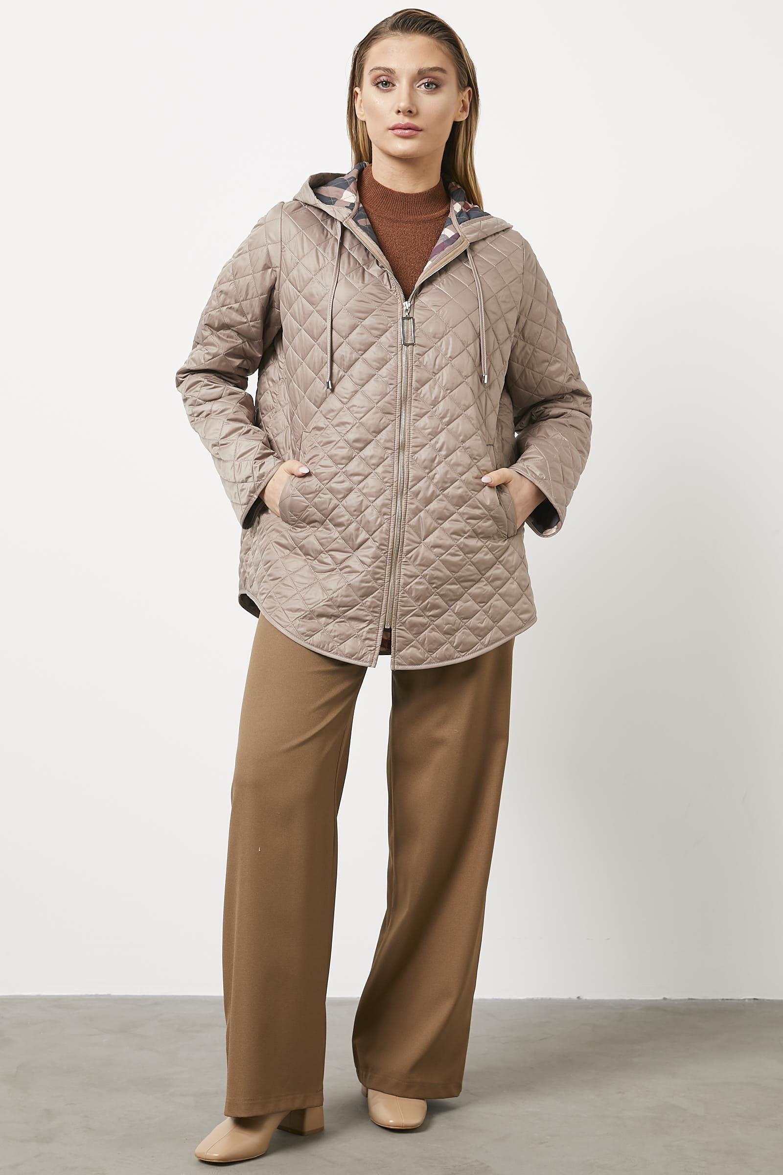 Kapitone Büyük Beden Desenli Astarlı Mont - Bej (1) Sementa