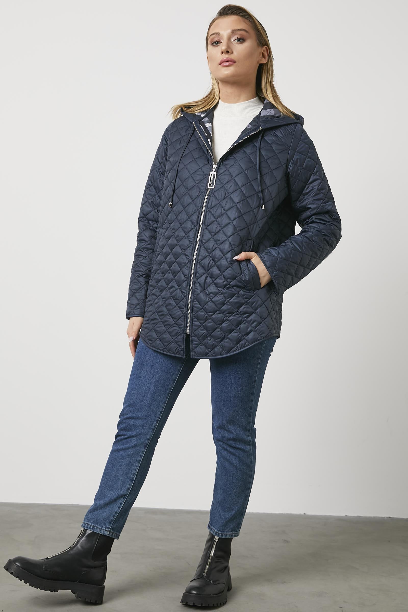 Kapitone Büyük Beden Desenli Astarlı Mont - Lacivert (3) Sementa