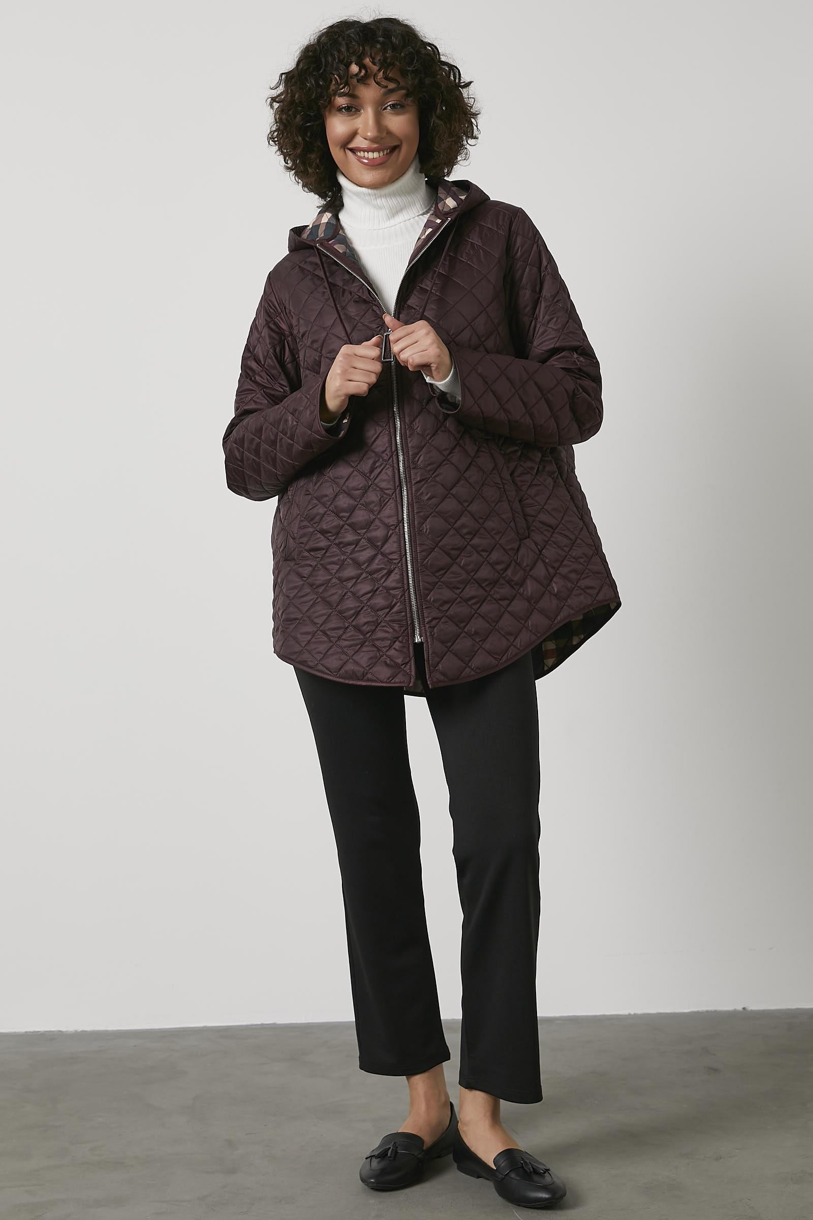 Kapitone Büyük Beden Desenli Astarlı Mont - Mürdüm (2) Sementa