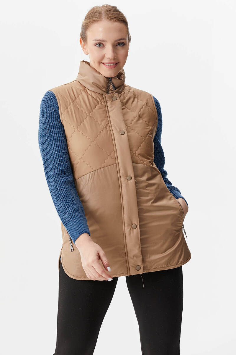 Kapitone Dik Yaka İçi Peluş Yelek - Bej (2) Sementa