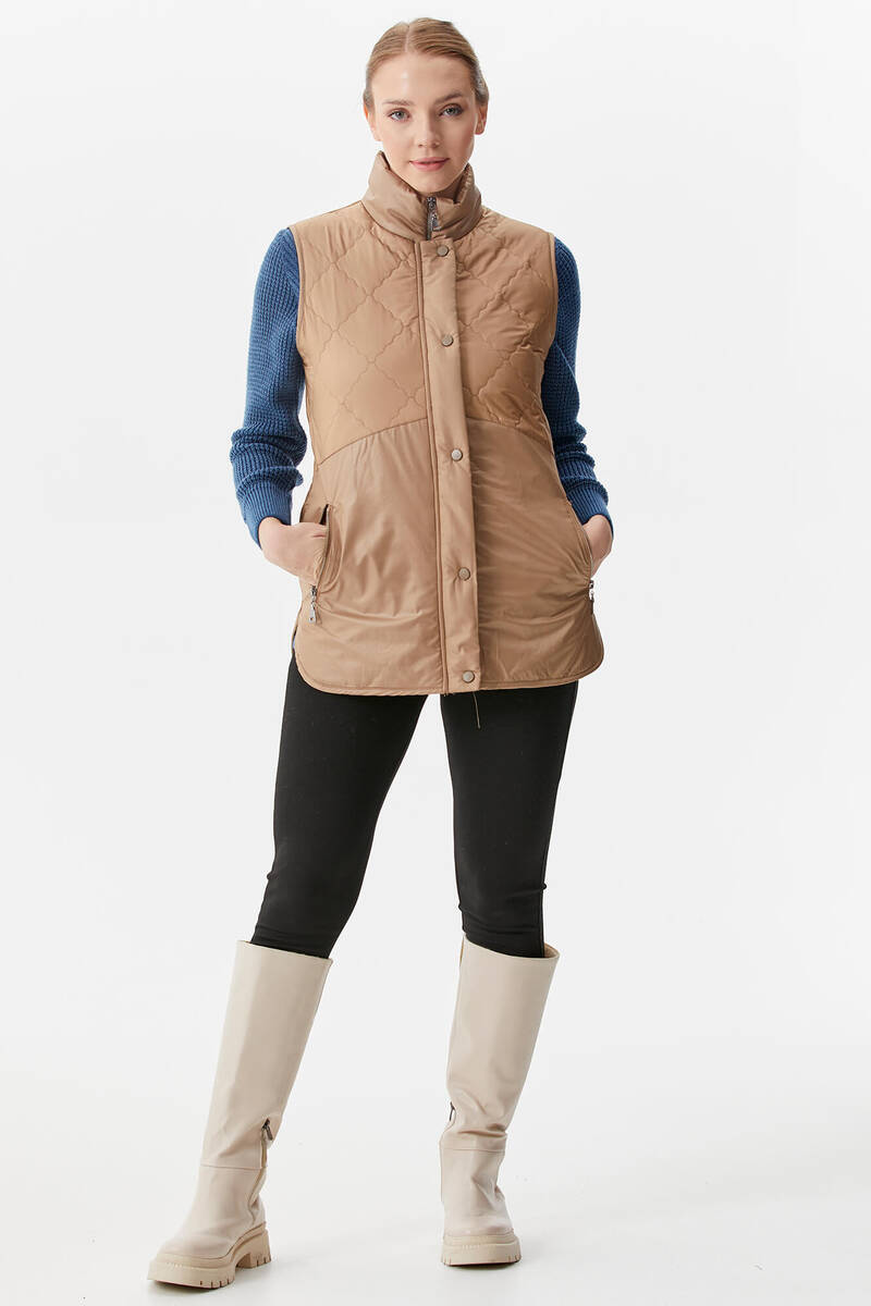Kapitone Dik Yaka İçi Peluş Yelek - Bej (3) Sementa