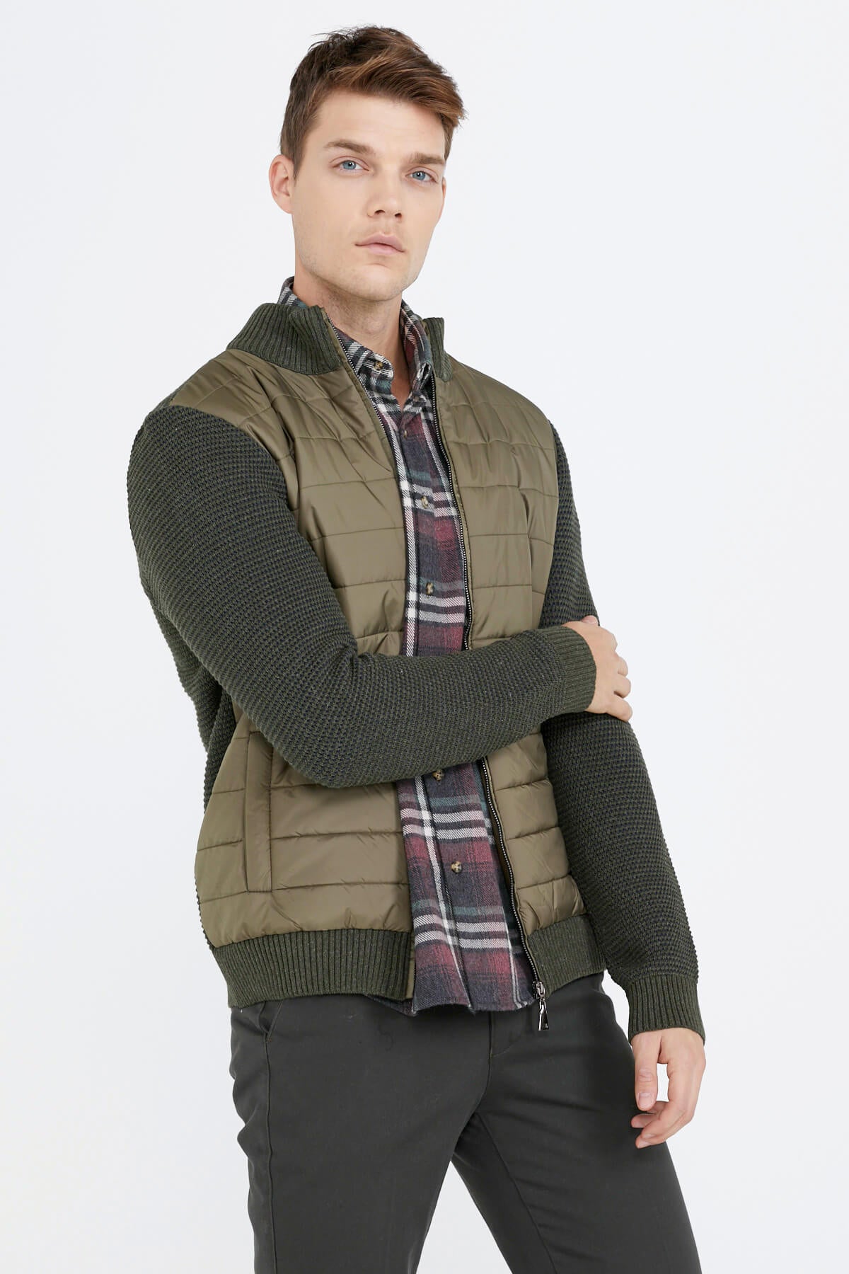 Kapitone Fermuarlı Erkek Triko Ceket - Haki (1) Sementa