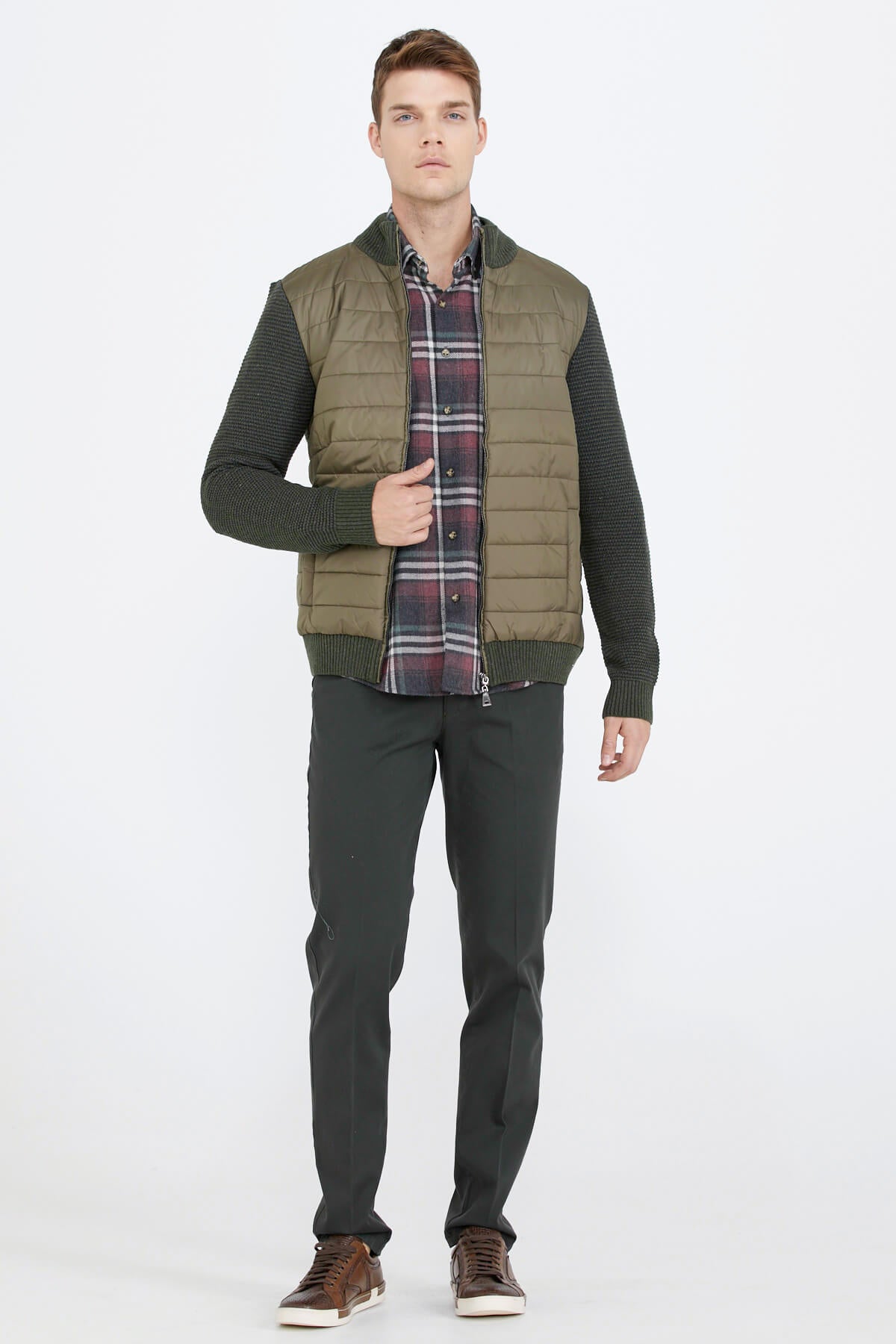 Kapitone Fermuarlı Erkek Triko Ceket - Haki (2) Sementa