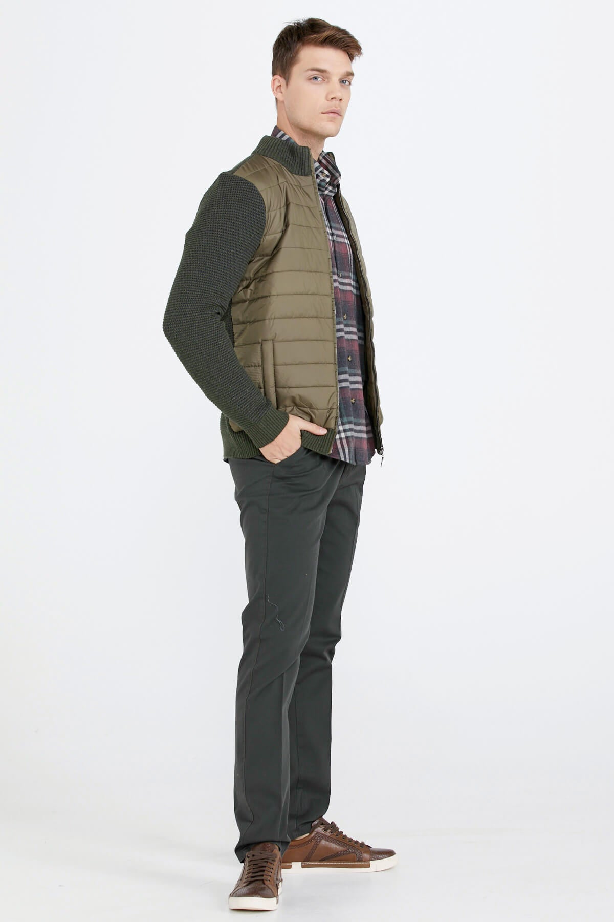 Kapitone Fermuarlı Erkek Triko Ceket - Haki (3) Sementa