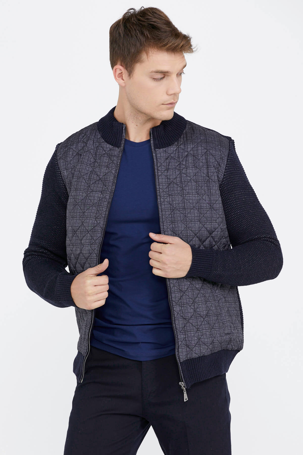 Kapitone Fermuarlı Erkek Triko Ceket - Koyu Lacivert (1) Sementa