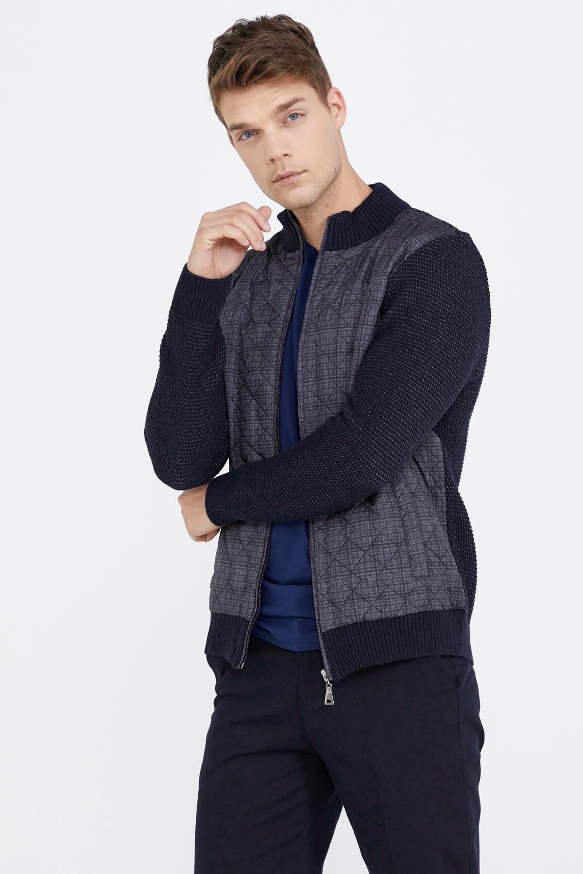 Kapitone Fermuarlı Erkek Triko Ceket - Koyu Lacivert (2) Sementa