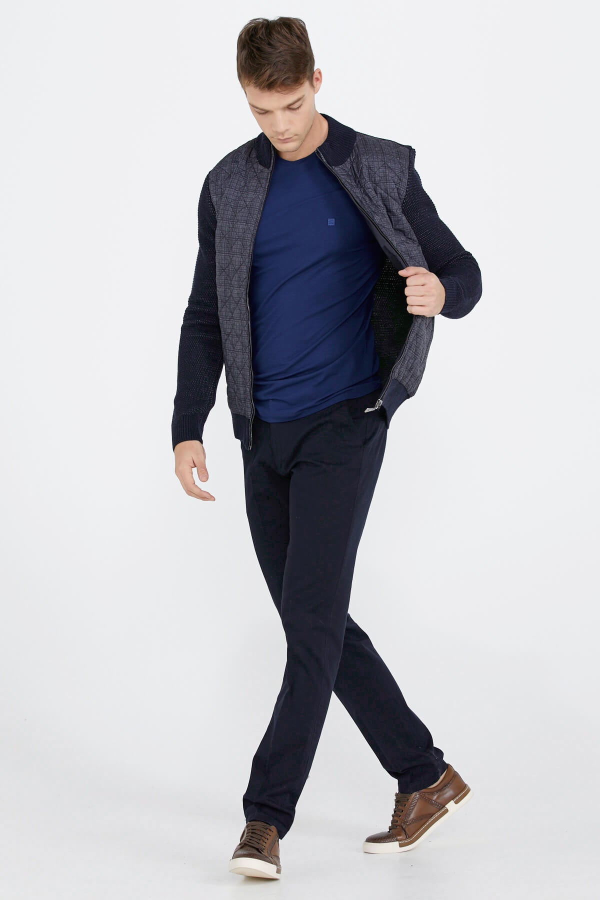 Kapitone Fermuarlı Erkek Triko Ceket - Koyu Lacivert (3) Sementa