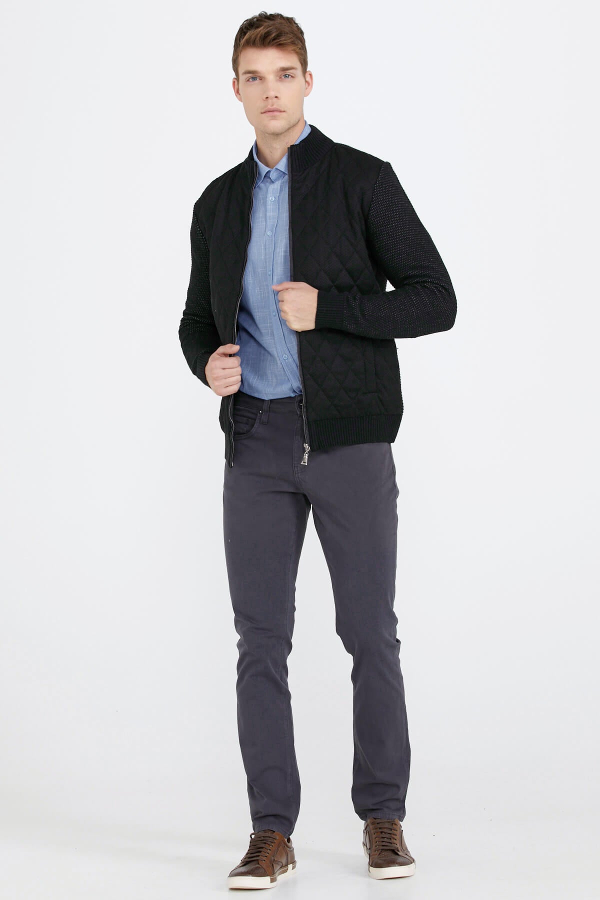 Kapitone Fermuarlı Erkek Triko Ceket - Siyah (2) Sementa