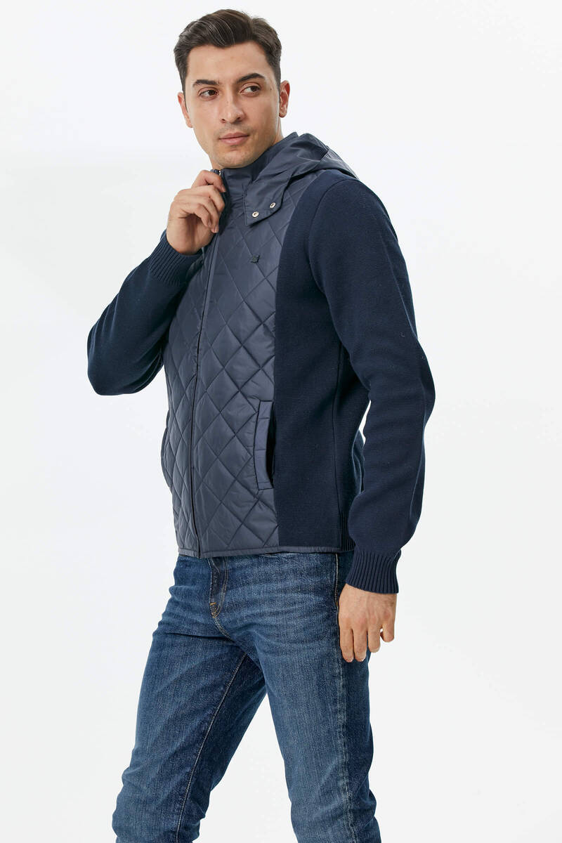 Kapitone Kapüşonlu Cepli Triko Ceket - Lacivert (2) Sementa