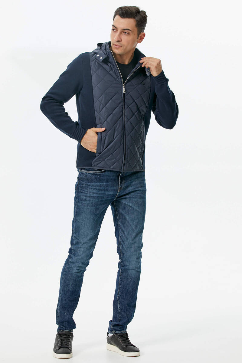 Kapitone Kapüşonlu Cepli Triko Ceket - Lacivert (3) Sementa