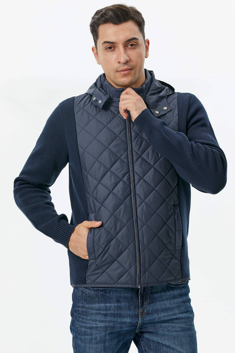 Kapitone Kapüşonlu Cepli Triko Ceket - Lacivert (4) Sementa