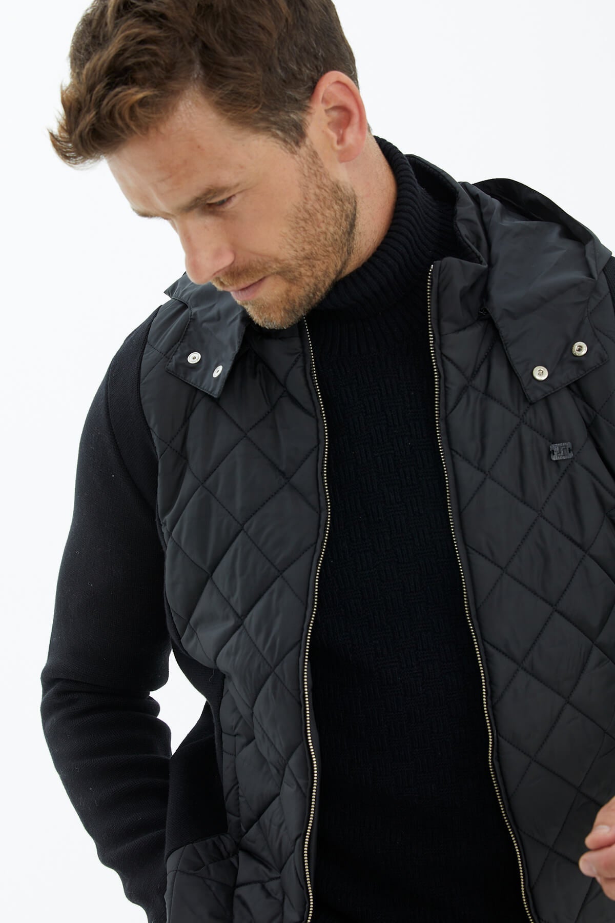 Kapitone Kapüşonlu Cepli Triko Ceket - Siyah (2) Sementa