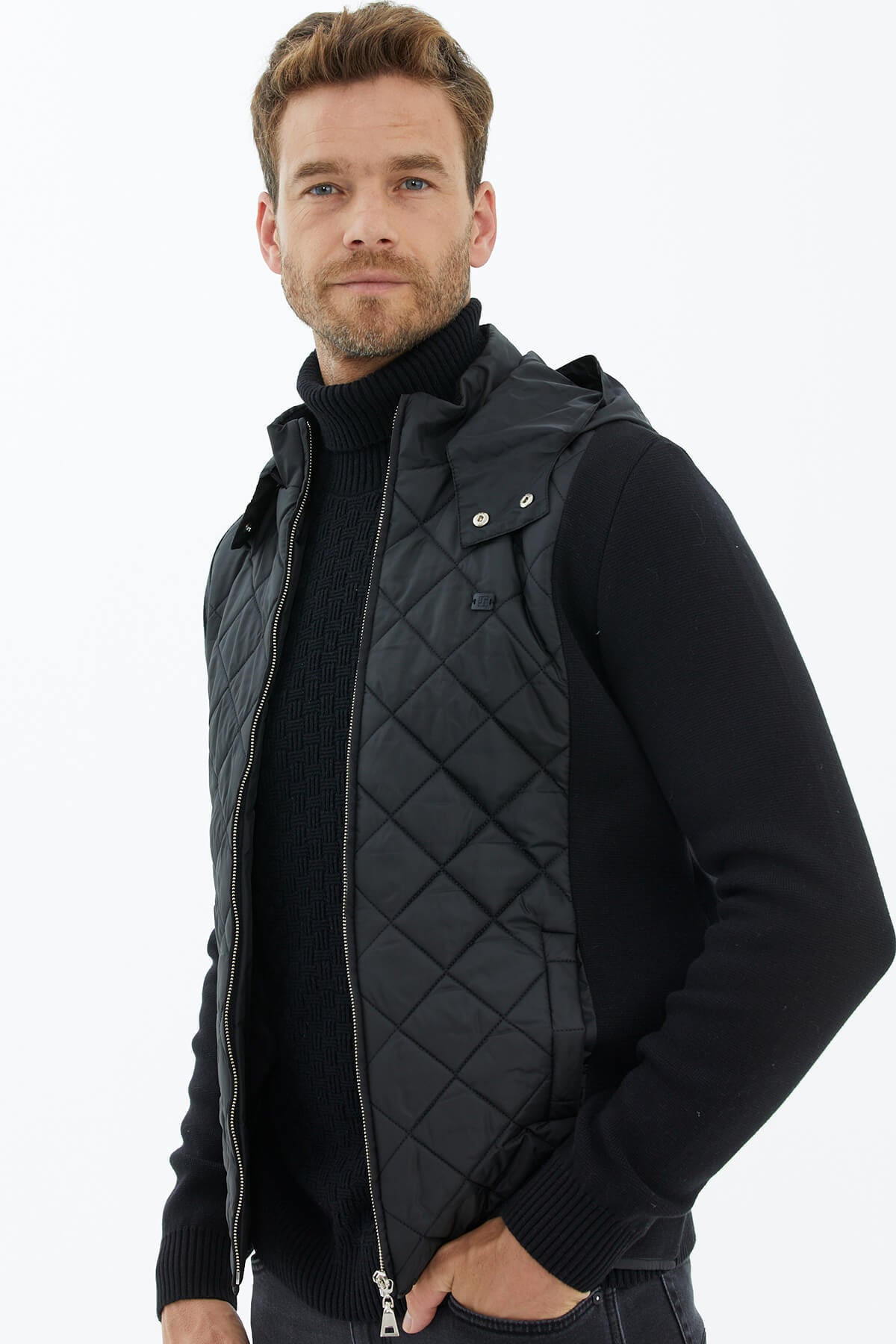 Kapitone Kapüşonlu Cepli Triko Ceket - Siyah (3) Sementa