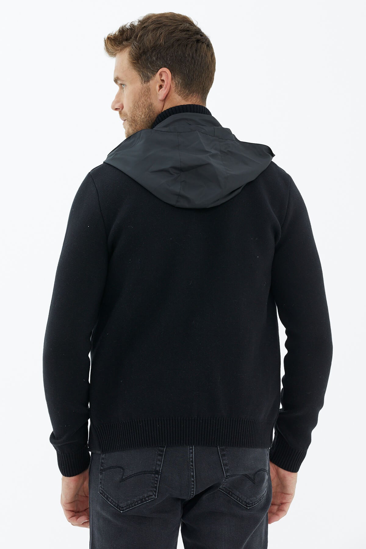 Kapitone Kapüşonlu Cepli Triko Ceket - Siyah (4) Sementa